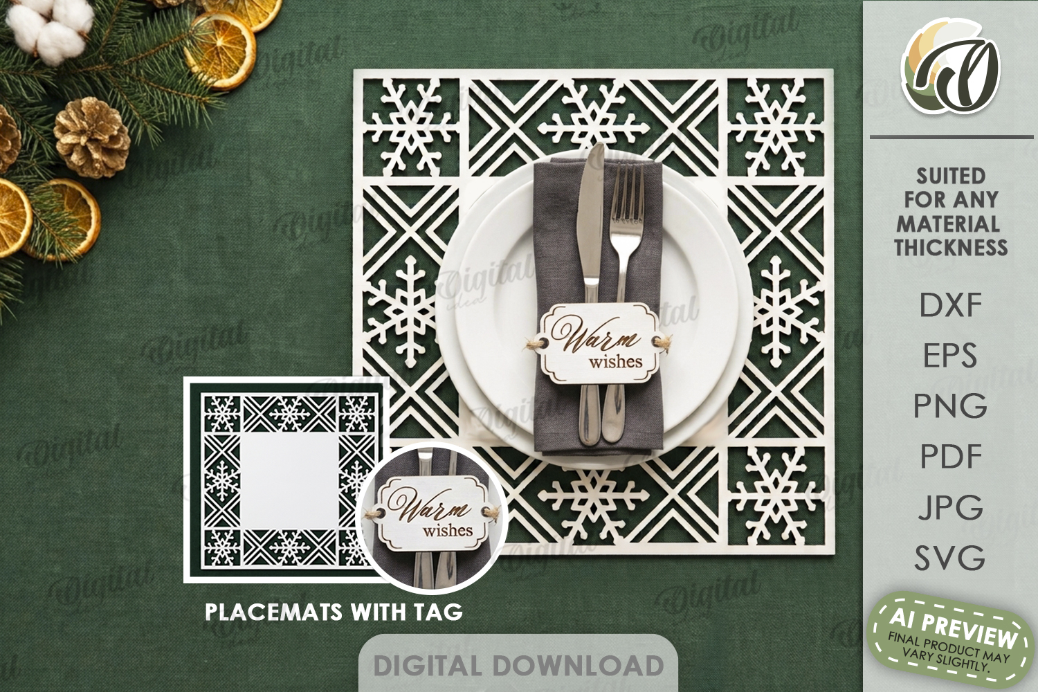 Christmas Placemat with Napkin Tag Laser Cut. Christmas SVG product image 1