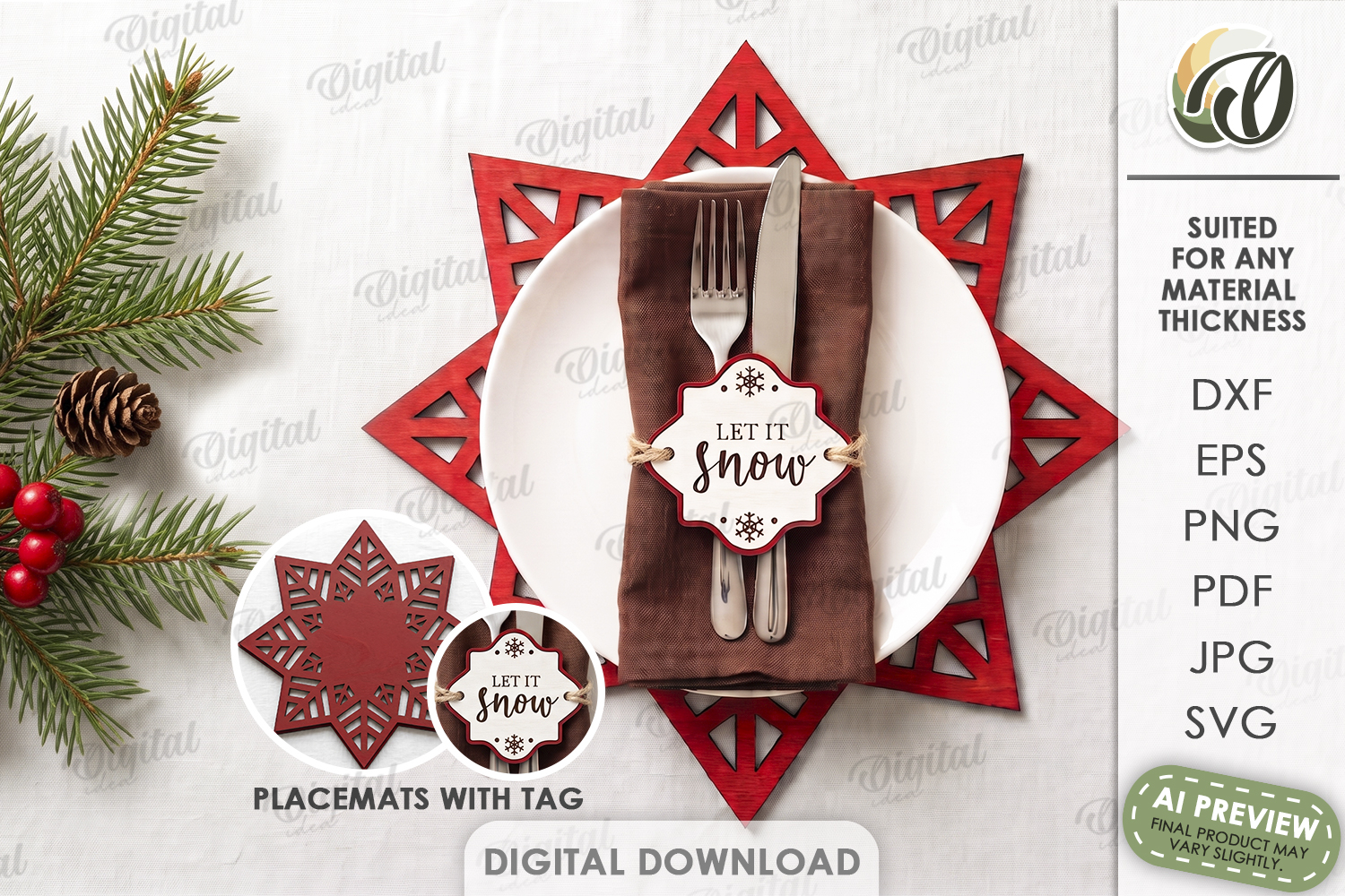 Christmas Placemat with Napkin Tag Laser Cut. Christmas SVG product image 1