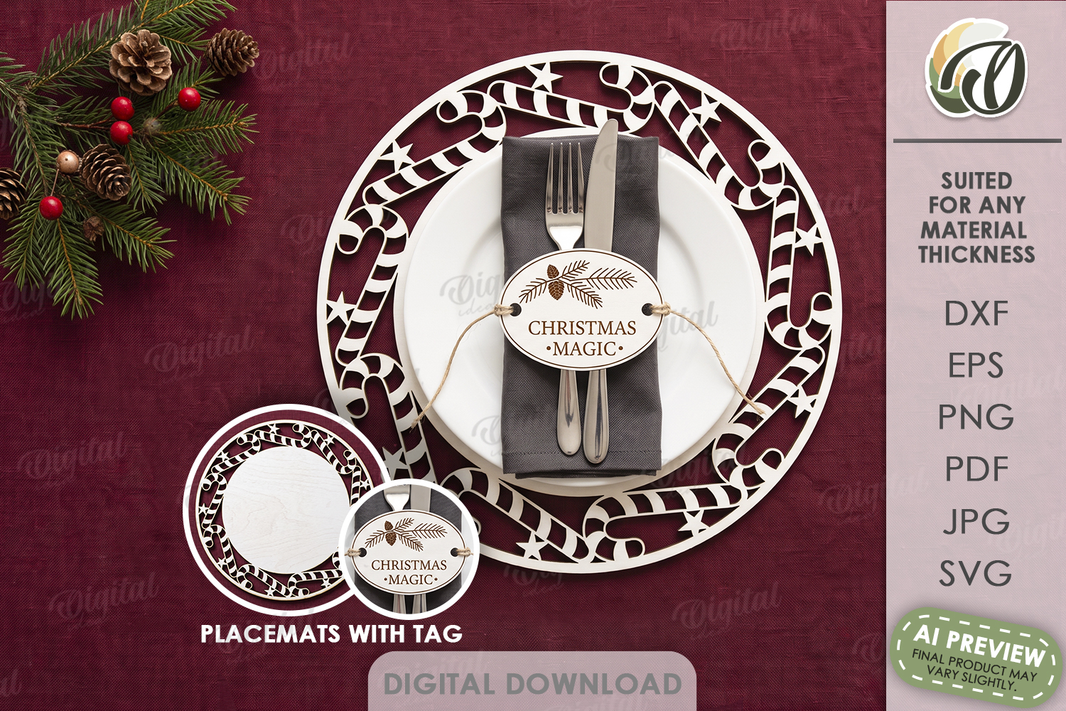 Christmas Placemat with Napkin Tag Laser Cut. Christmas SVG product image 1
