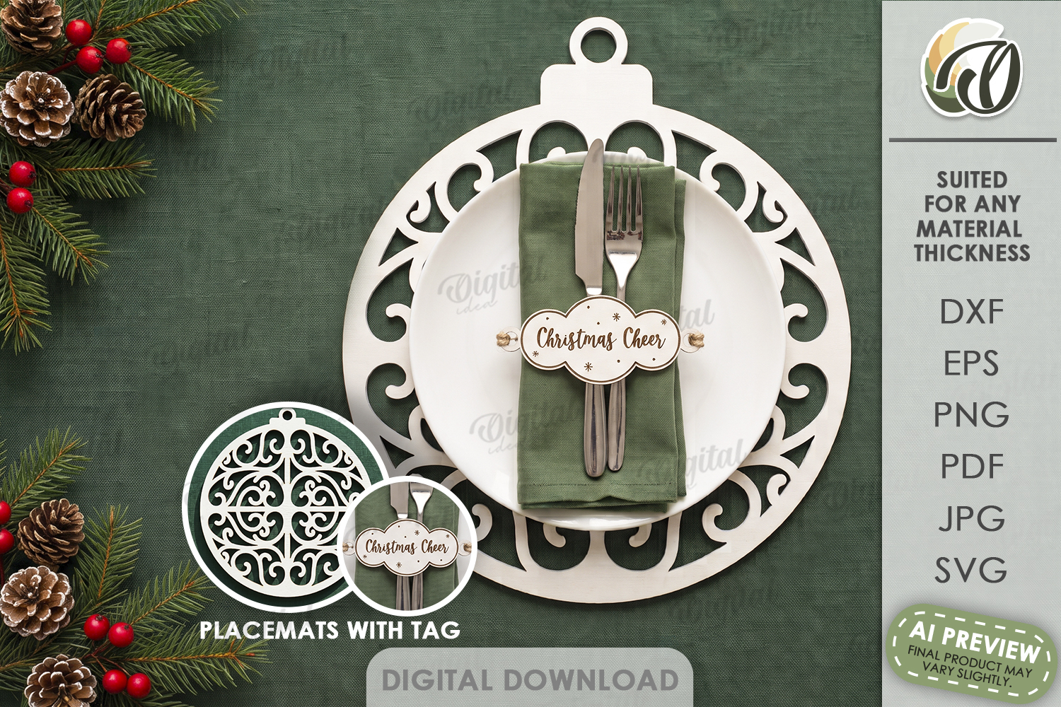Christmas Placemat with Napkin Tag Laser Cut. Christmas SVG product image 1