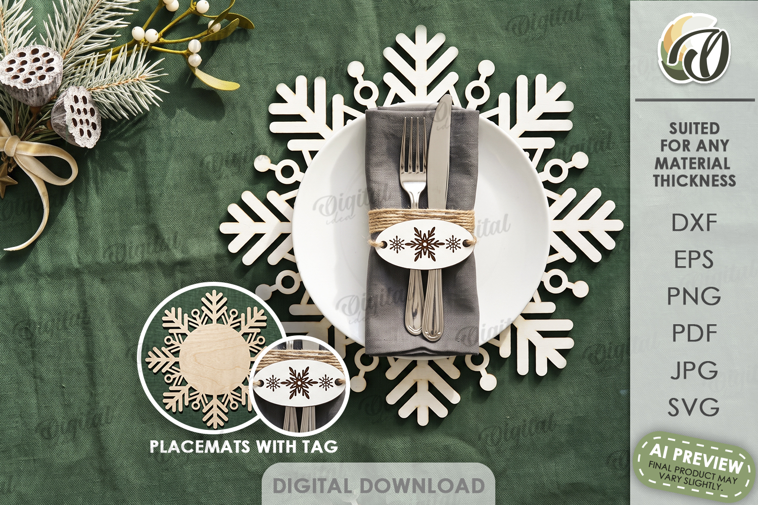 Christmas Placemat with Napkin Tag Laser Cut. Christmas SVG product image 1