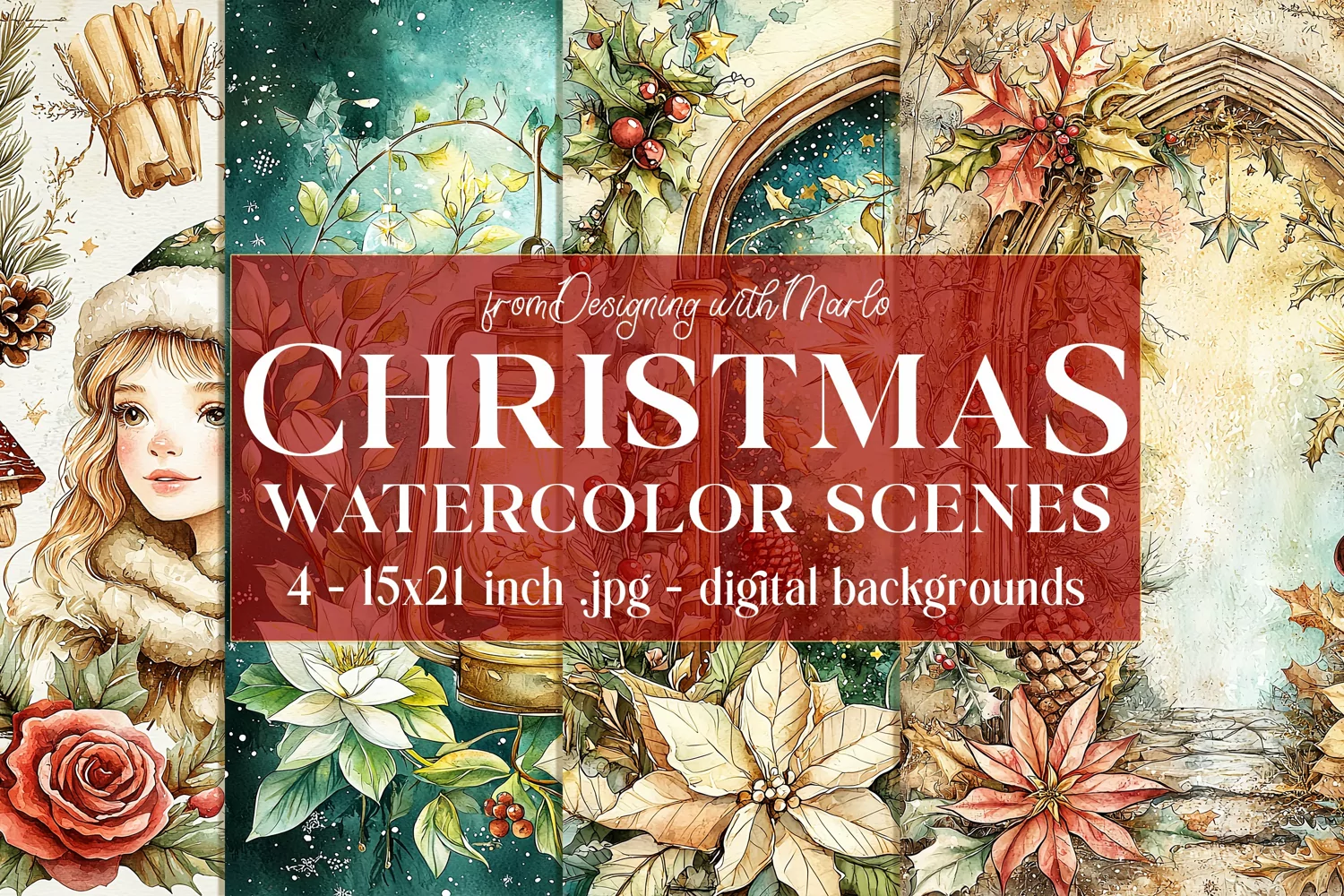Christmas Card Backgrounds, Watercolor Holiday Scenes, s11 product image 1