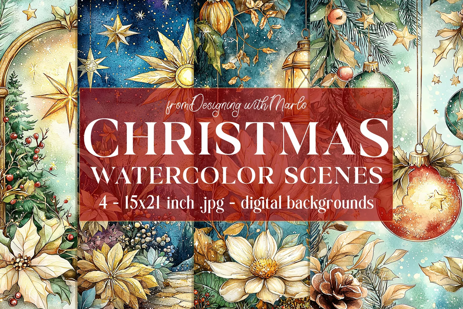 Christmas Card Backgrounds, Watercolor Holiday Scenes, s12 product image 1