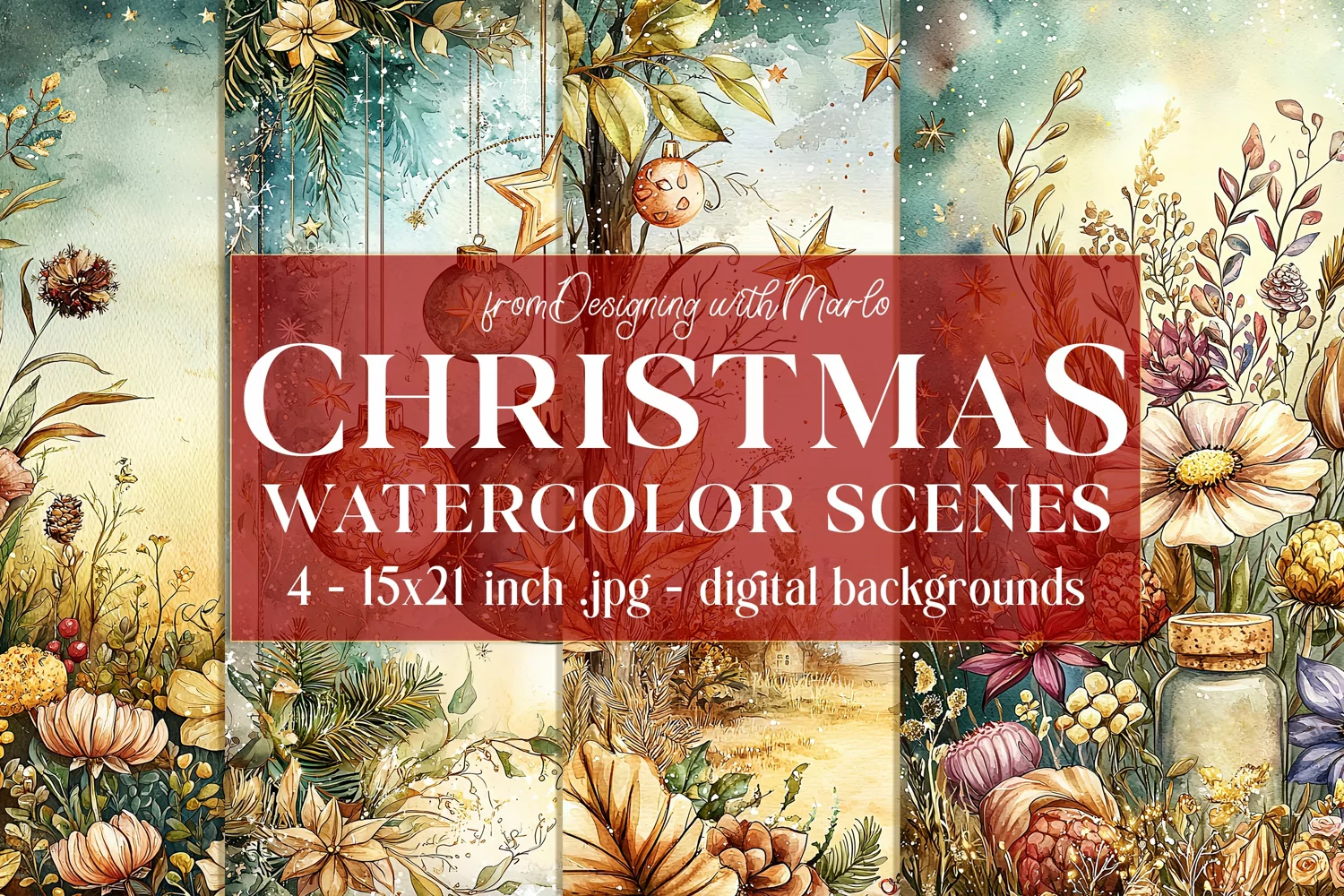 Christmas Card Backgrounds, Watercolor Holiday Scenes, s3 product image 1