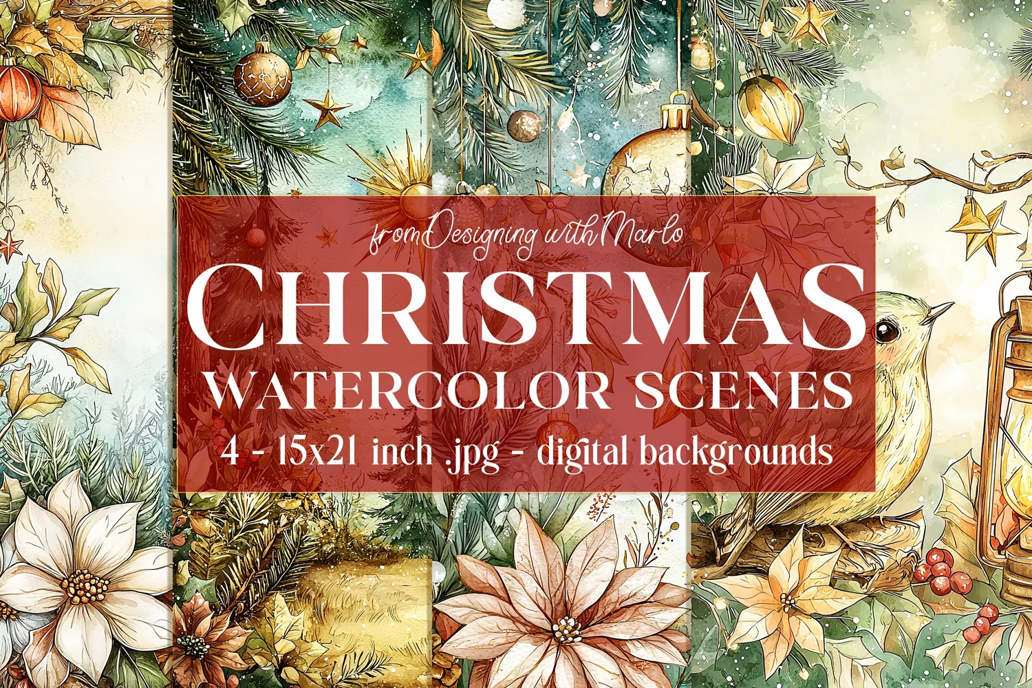 Christmas Card Backgrounds, Watercolor Holiday Scenes, s5 product image 1
