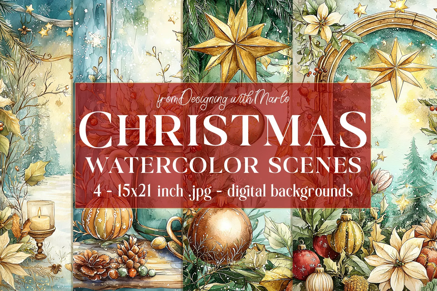 Christmas Card Backgrounds, Watercolor Holiday Scenes, s6 product image 1