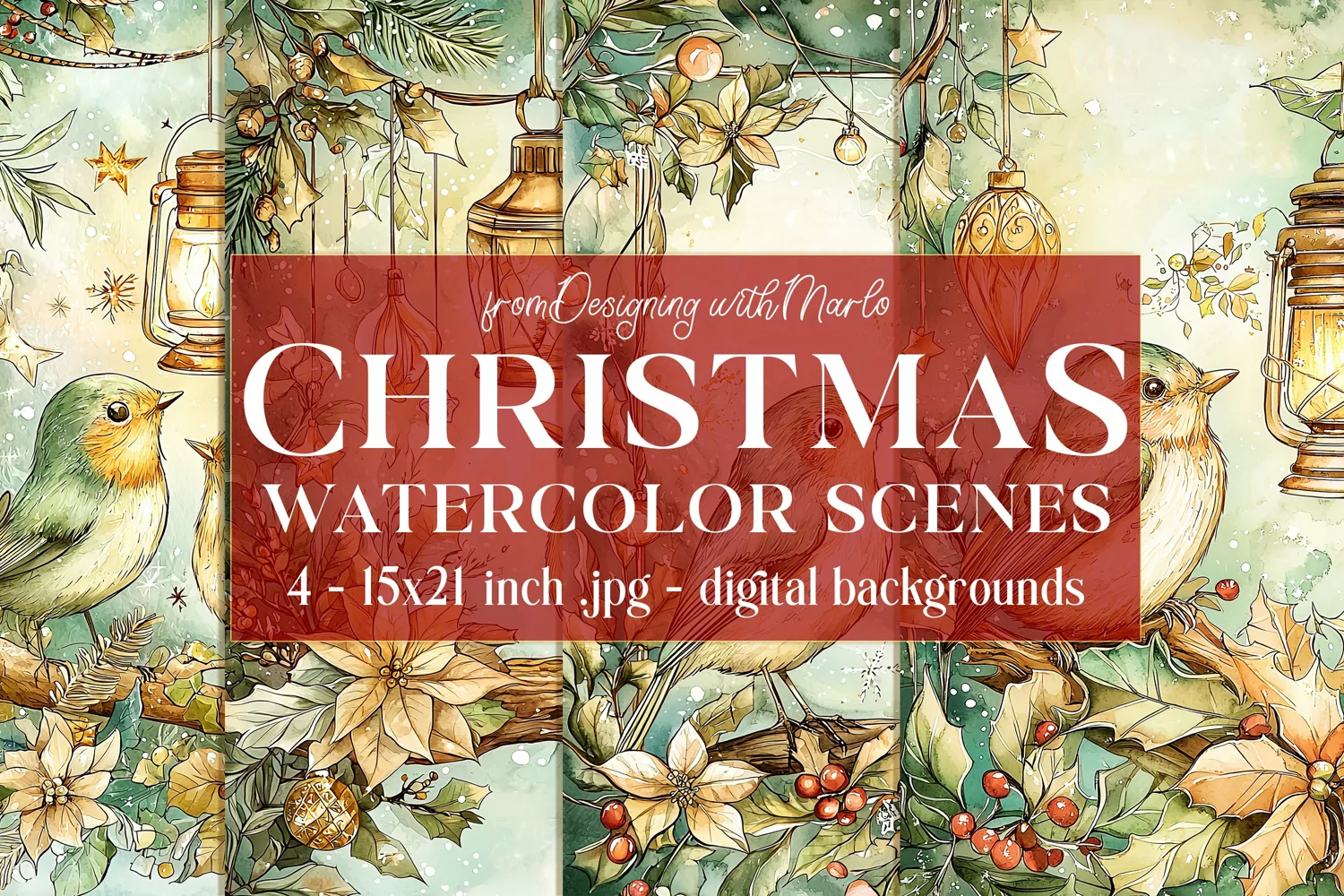 Christmas Card Backgrounds, Watercolor Holiday Scenes, s9 product image 1