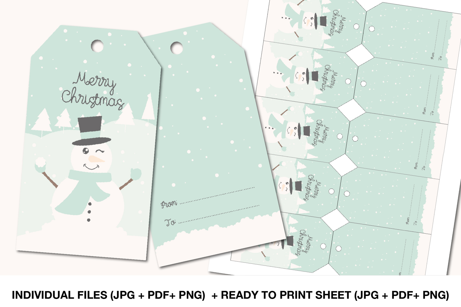 Christmas gift tags printable set with snowman design in JPG PNG and PDF