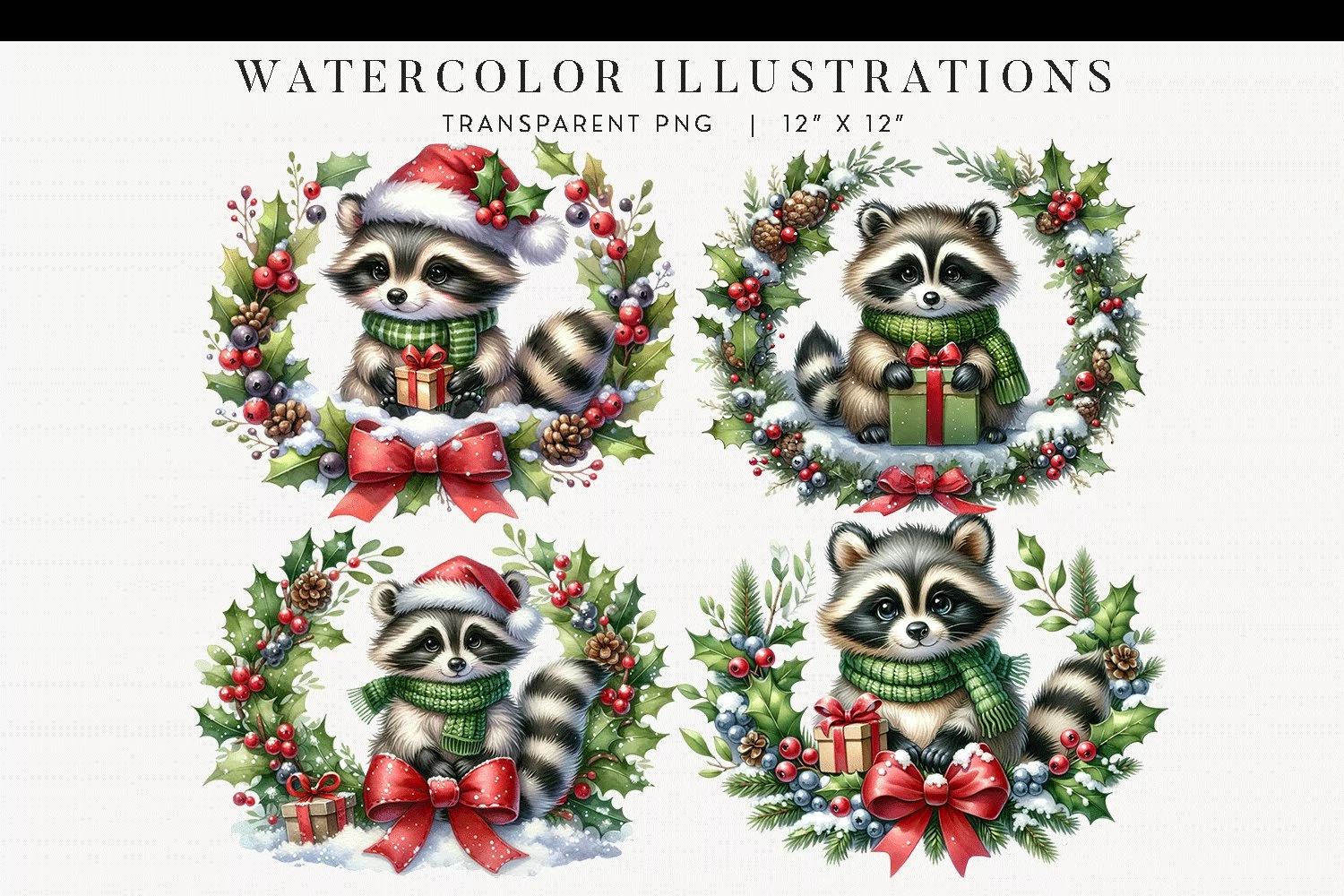Christmas Raccoon Watercolor Clipart product image 1