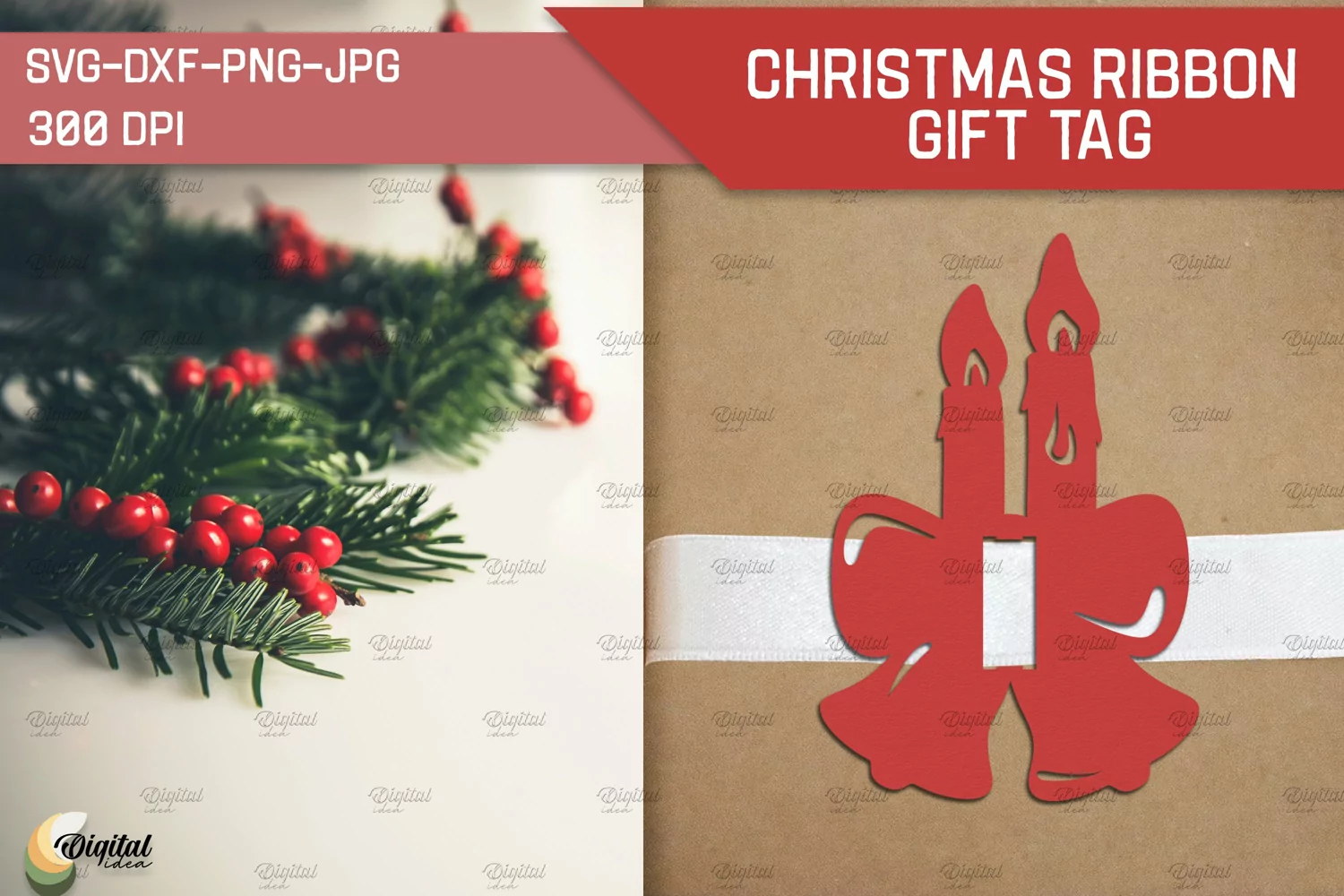 Candle Paper Cut. Christmas Ribbon Gift Tag SVG product image 1