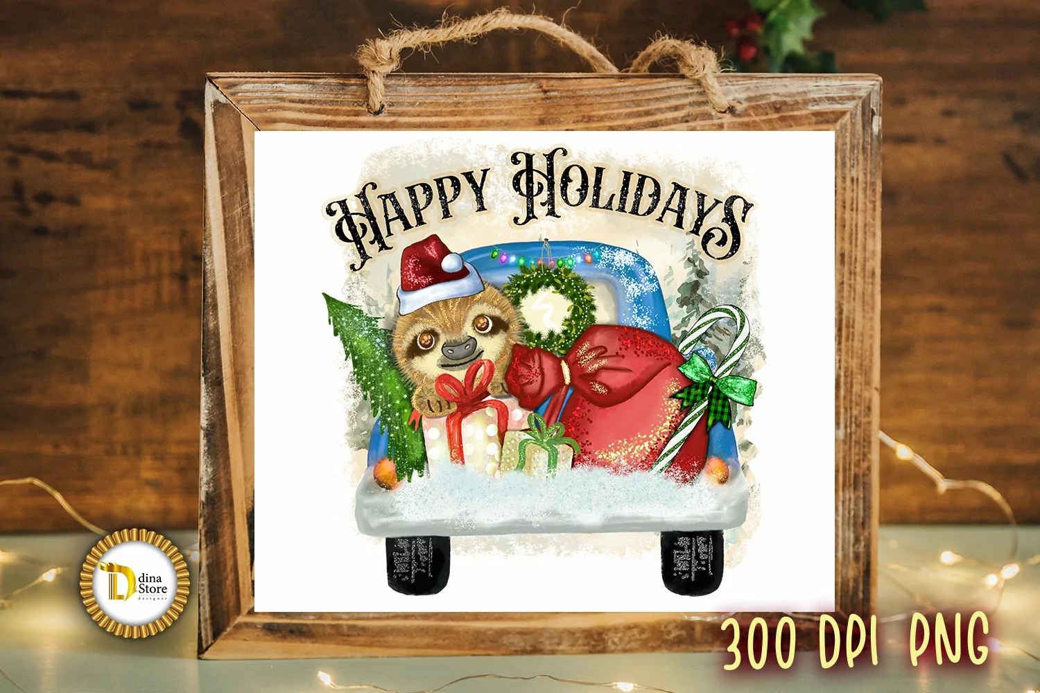 Christmas Cute Sloth with Vintage Truck - Christmas PNG product image 1