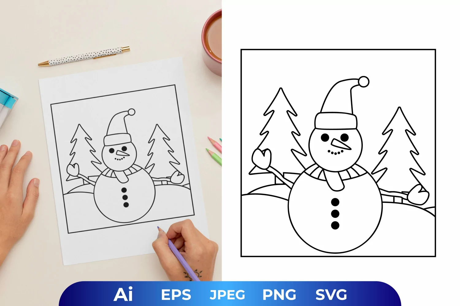 Chuby Snowman Between Pine Trees Coloring Page product image 1
