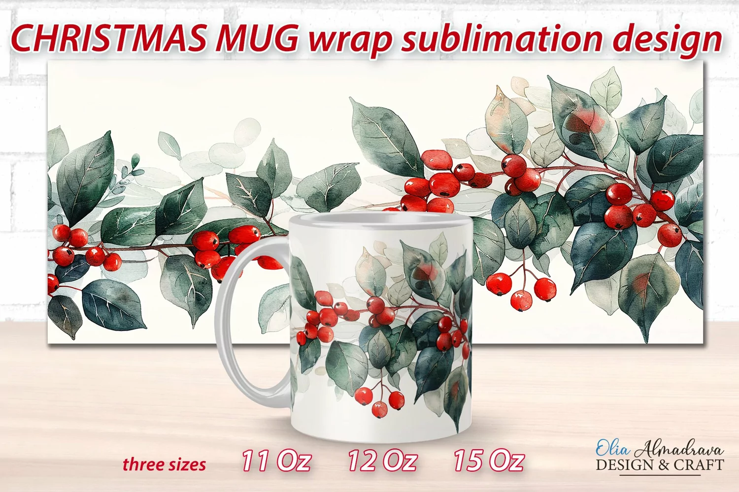 Christmas Mug Sublimation Template| Mug Wrap PNG Watercolor product image 1
