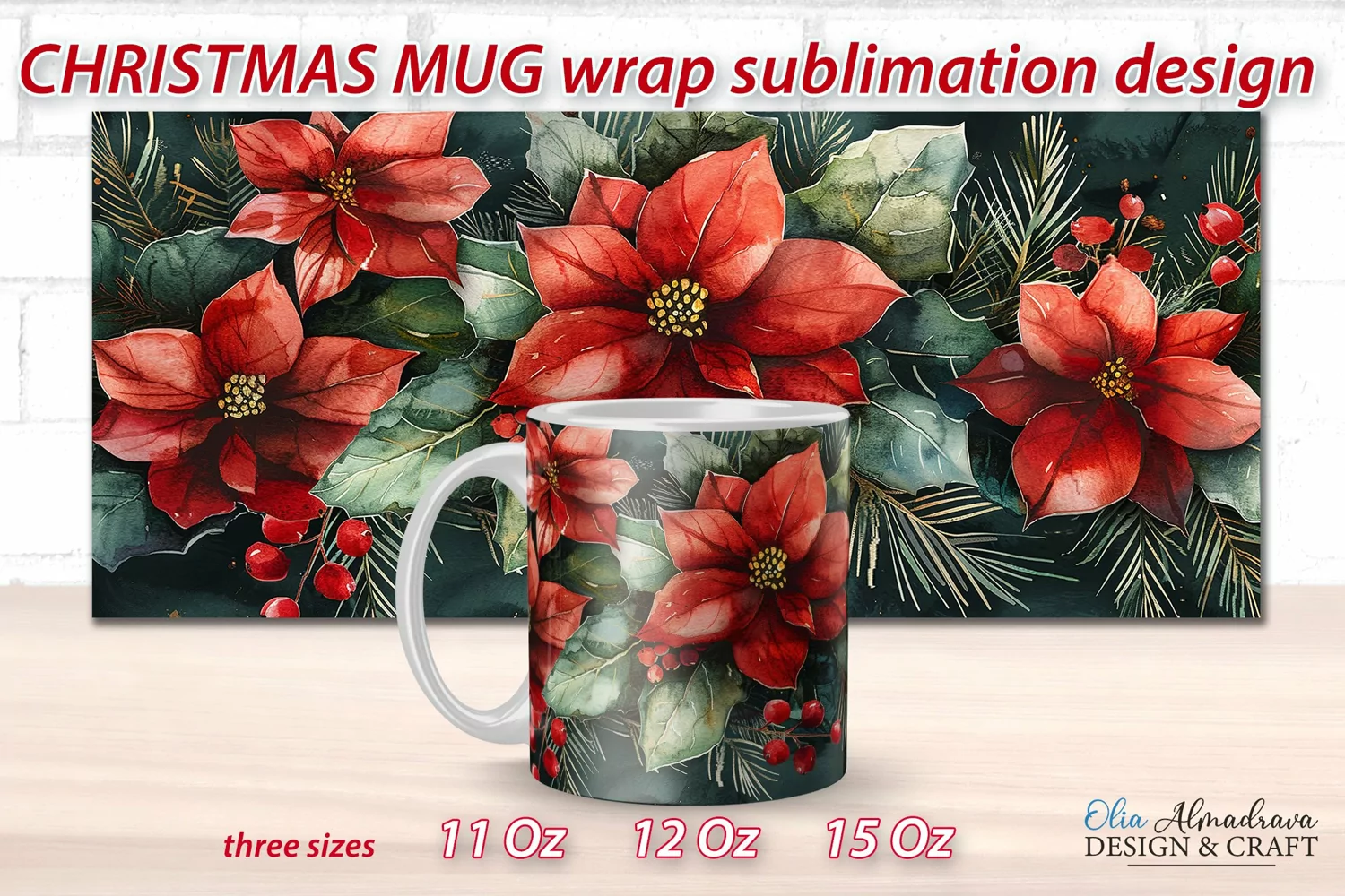 Christmas Sublimation Mug Template| Mug Wrap PNG Watercolor product image 1