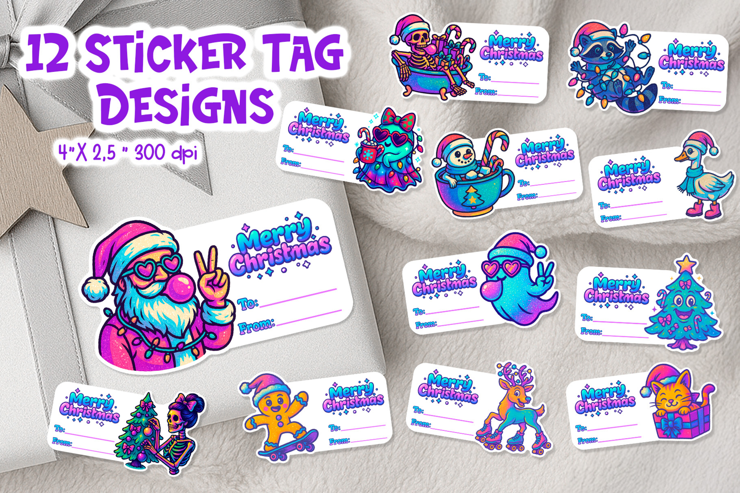 Iridescent Christmas Tag Printable | Neon Holiday Gift Label product image 1