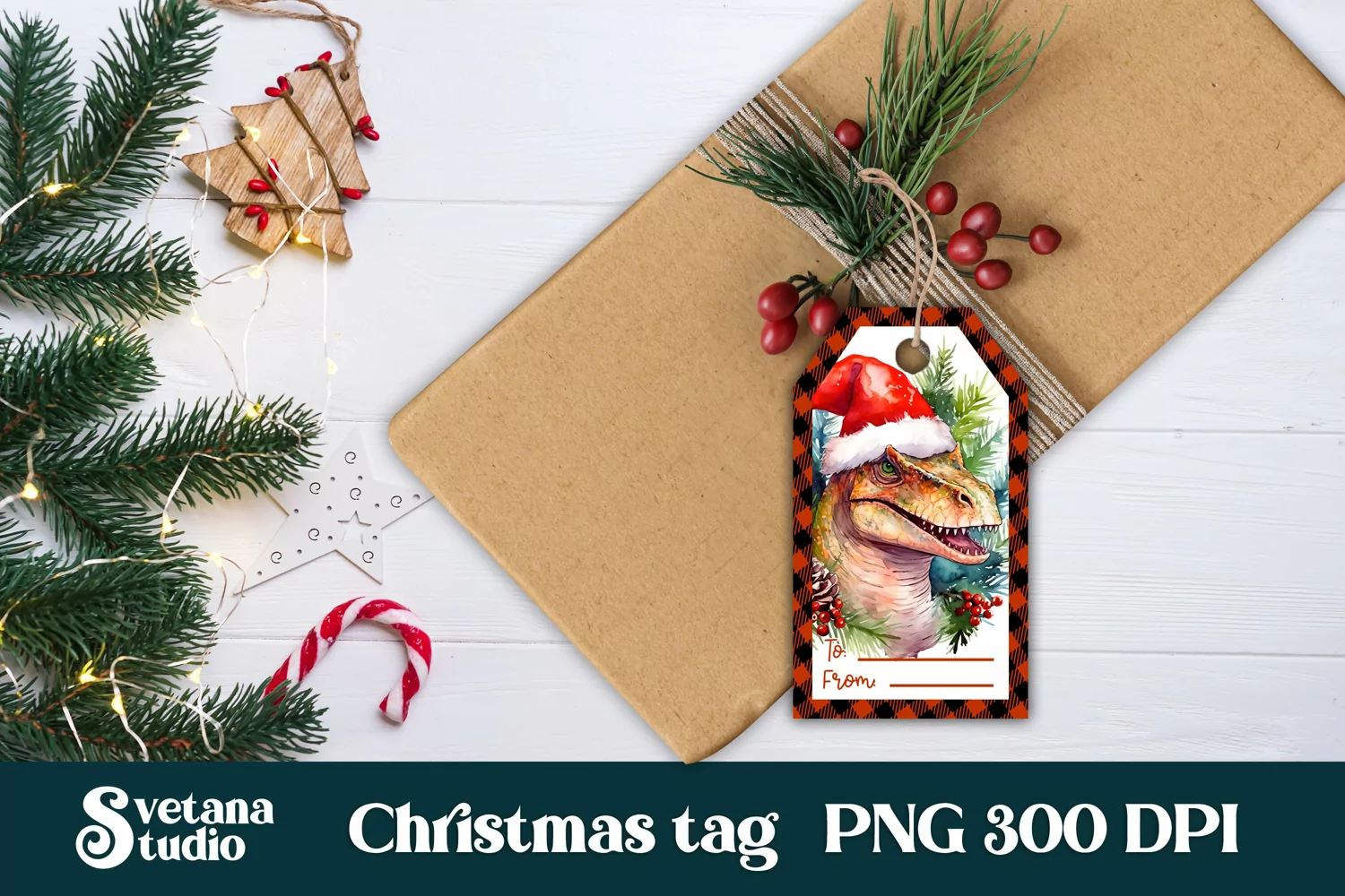 Christmas gift tags printable PNG | Christmas dinosaur tag 