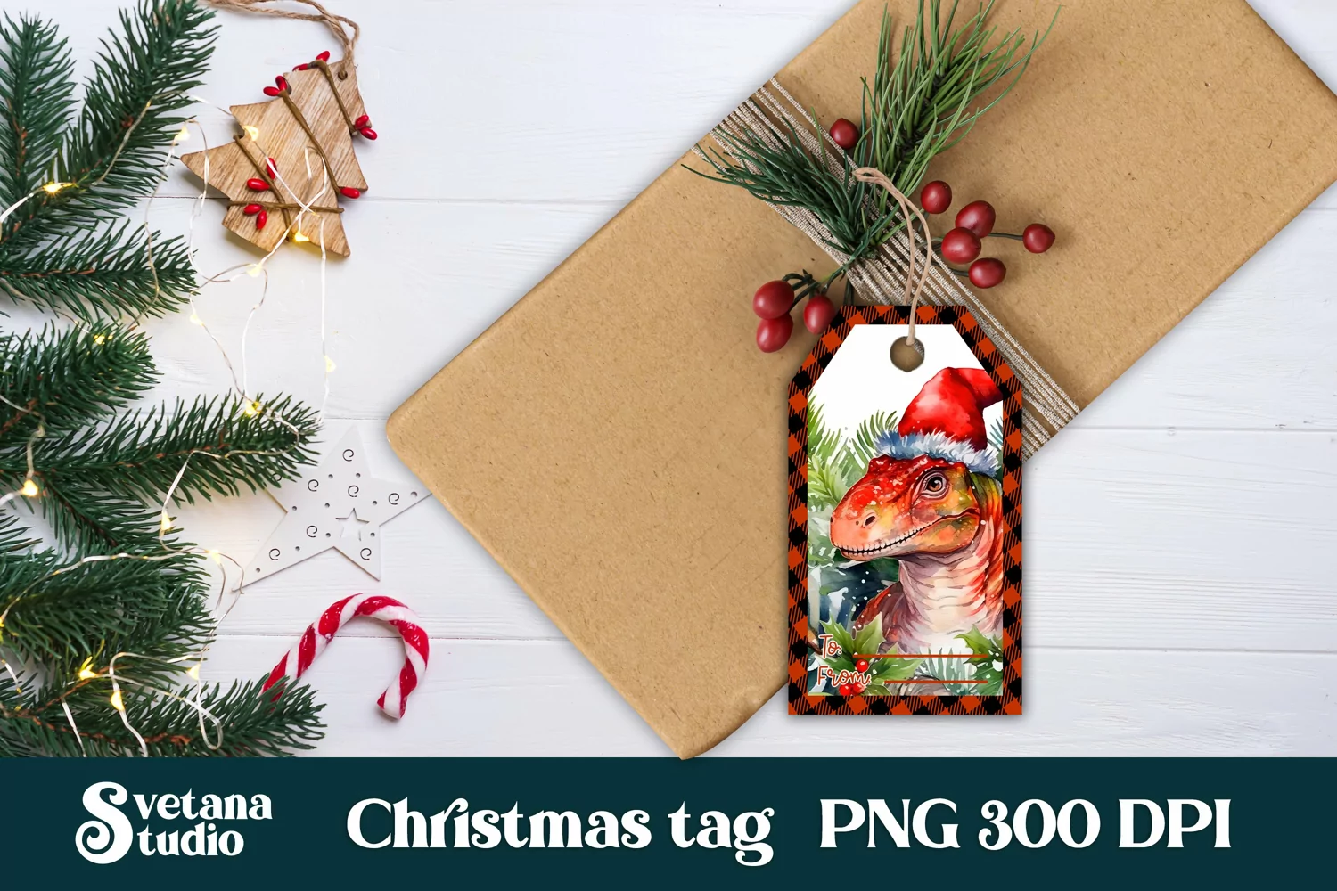Christmas gift tags printable | Dinosaur gift tag PNG 