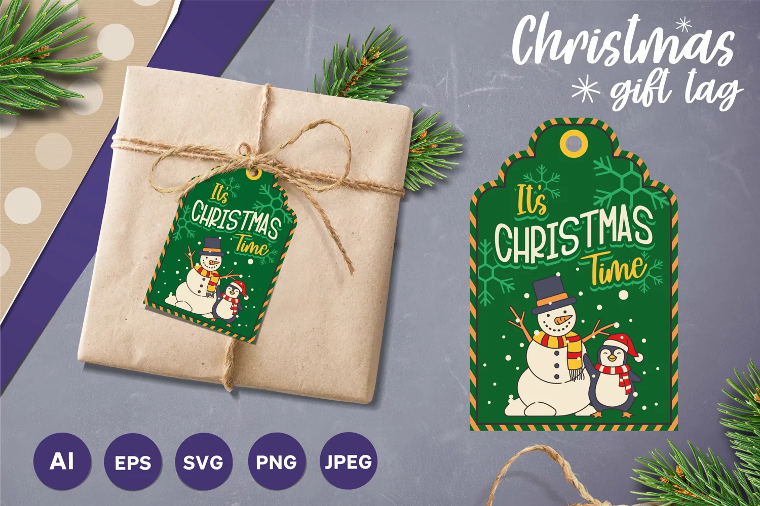 It's Christmas Time, Cute Snowman & Penguin Gift Tag Design product image 1