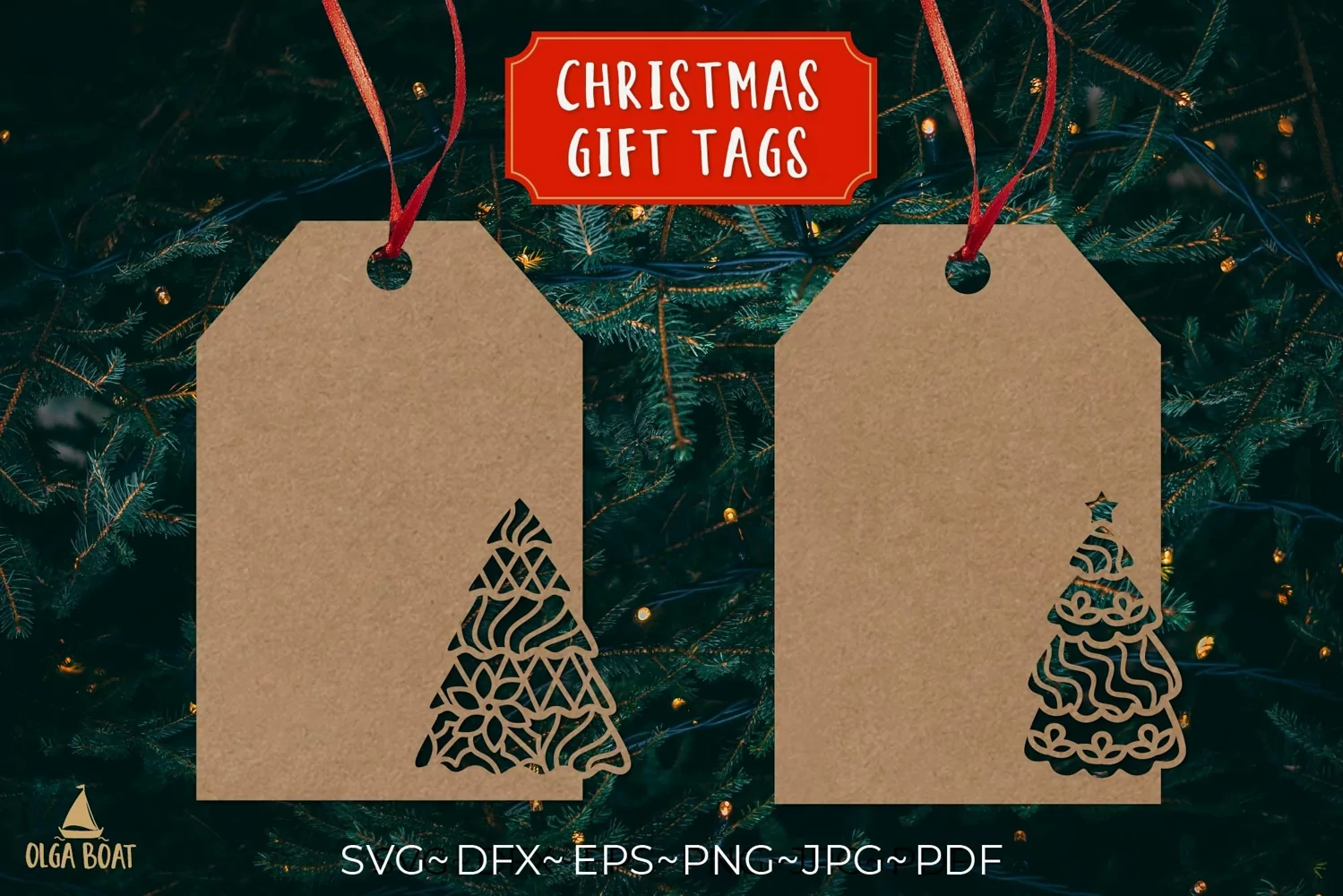 Christmas tree gift tags pupercut svg design being used as a Christmas gift tag.