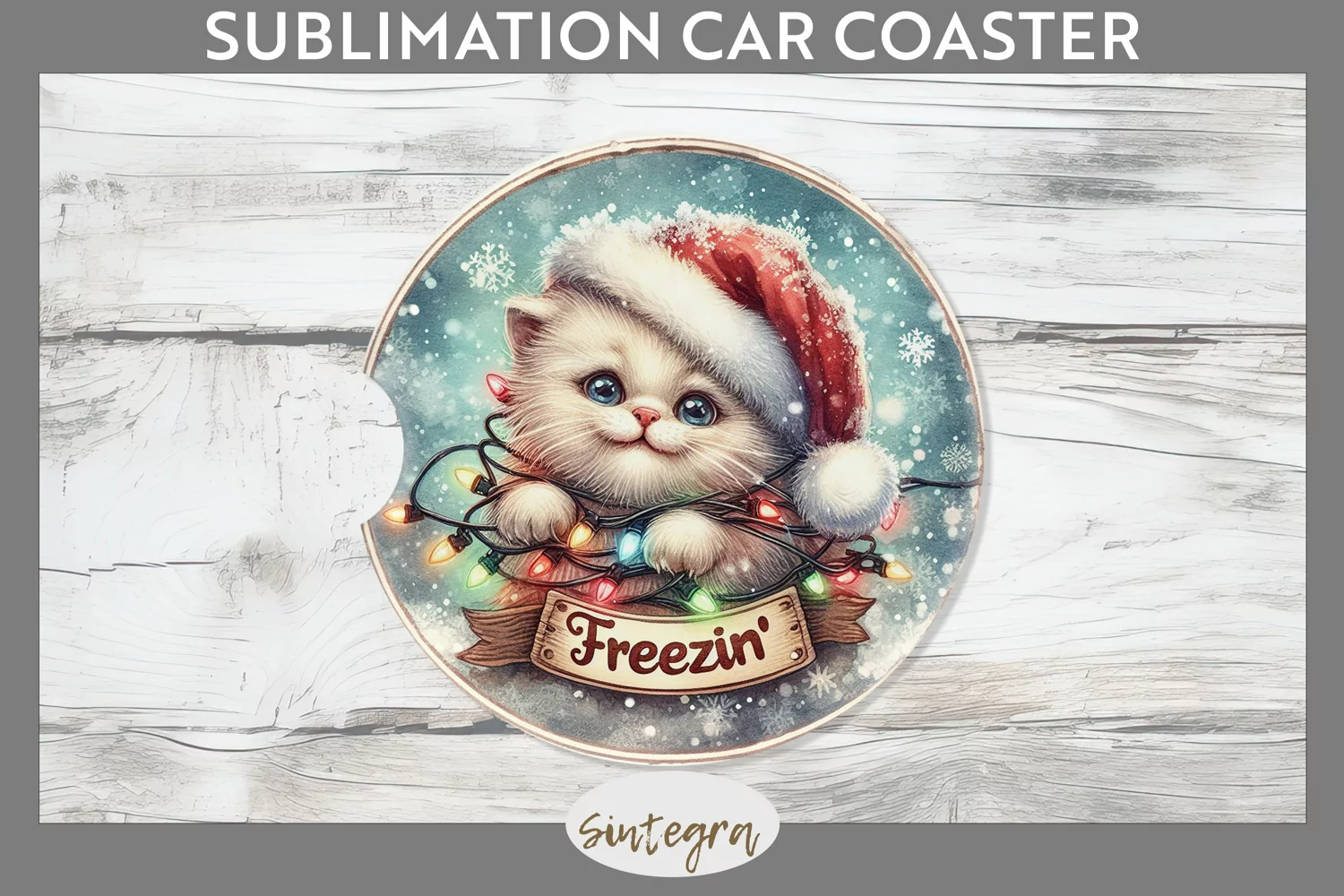 Christmas Vintage Freezin' Cat entangled Car Coaster Sublima product image 1