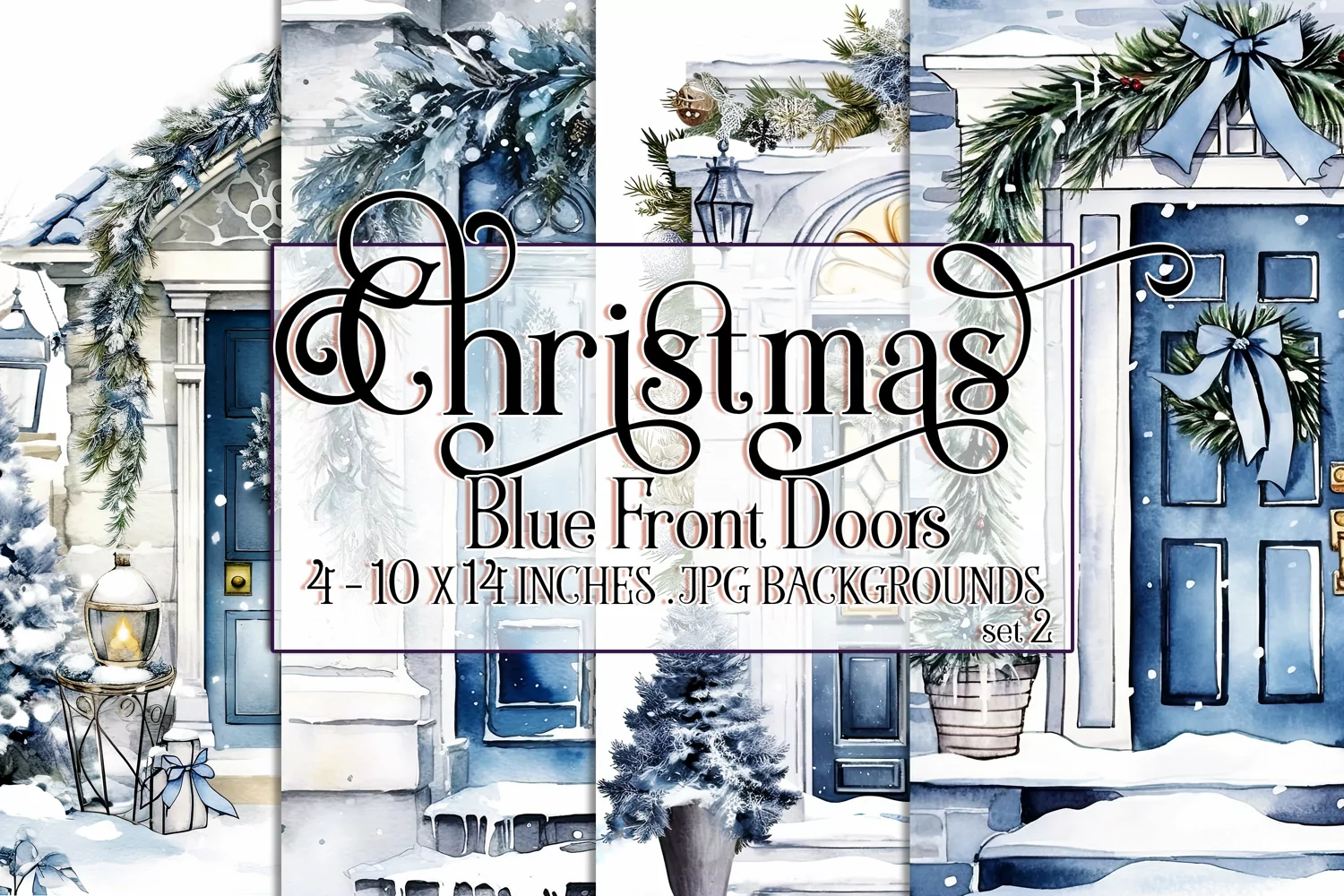 Christmas Backgrounds, 10x14 Watercolor Front Door, Blue, s2 product image 1