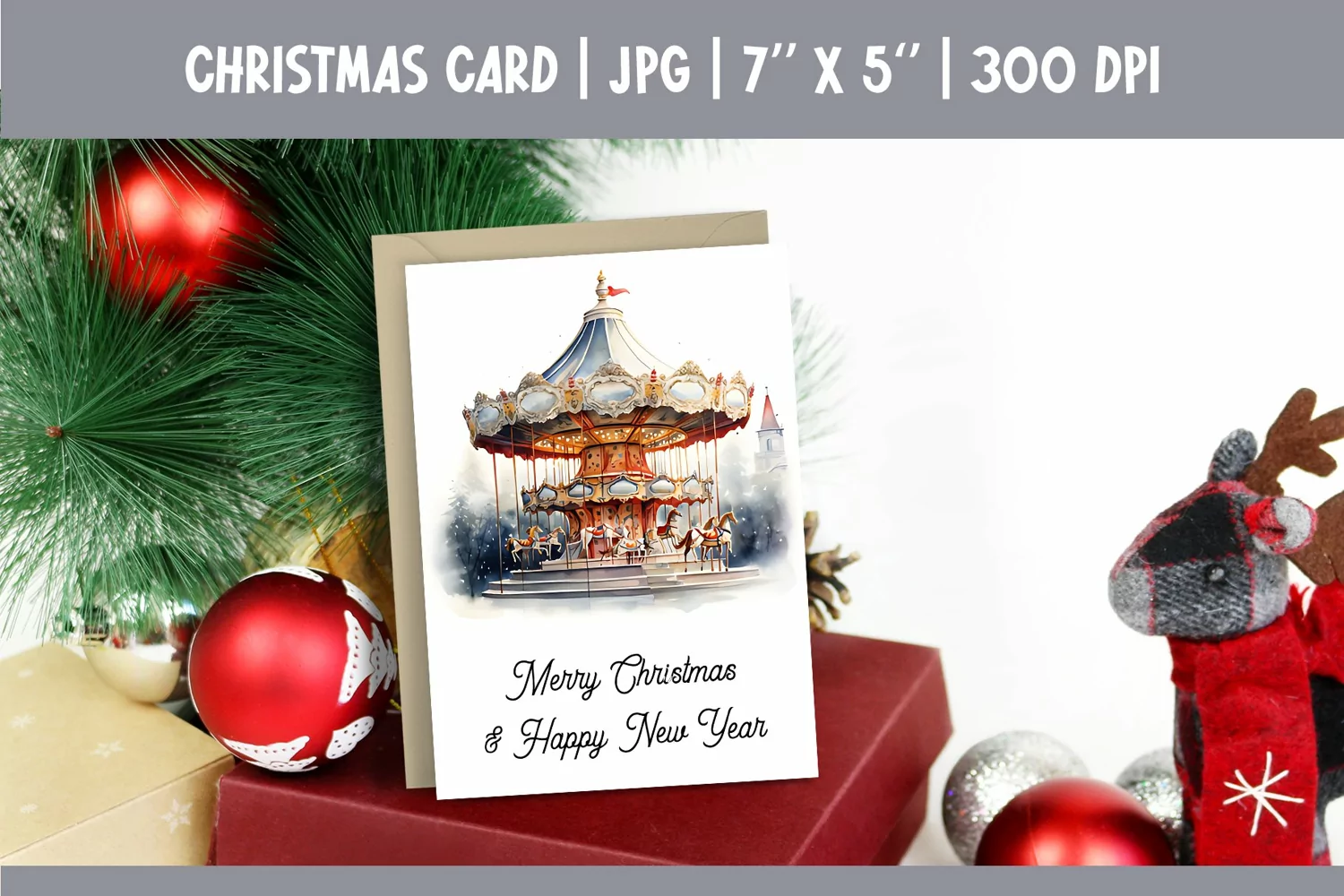 Merry Christmas Card Printable | Watercolor Carousel PNG product image 1