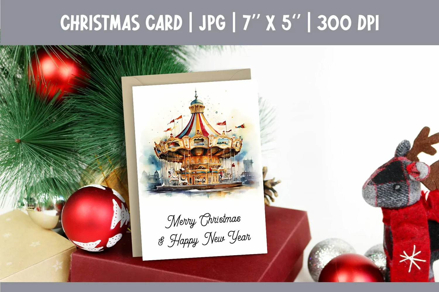 Merry Christmas Card Printable | Watercolor Carousel PNG product image 1
