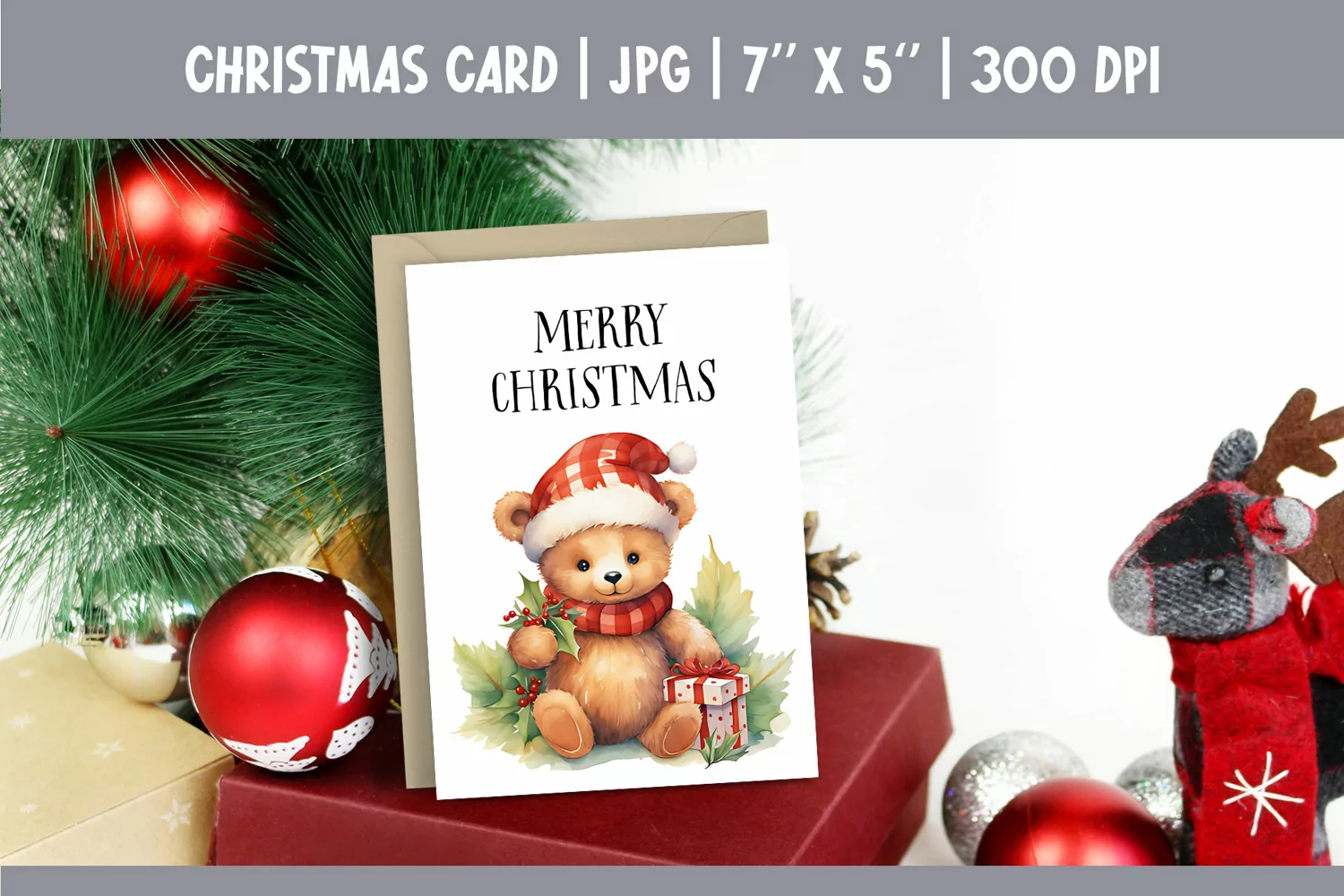 Merry Christmas Card Printable | Watercolor Teddy Bear PNG product image 1