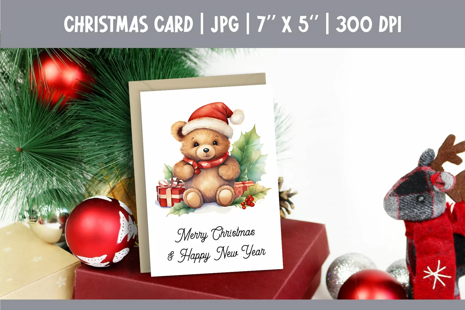 Merry Christmas Card Printable | Watercolor Teddy Bear PNG product image 1