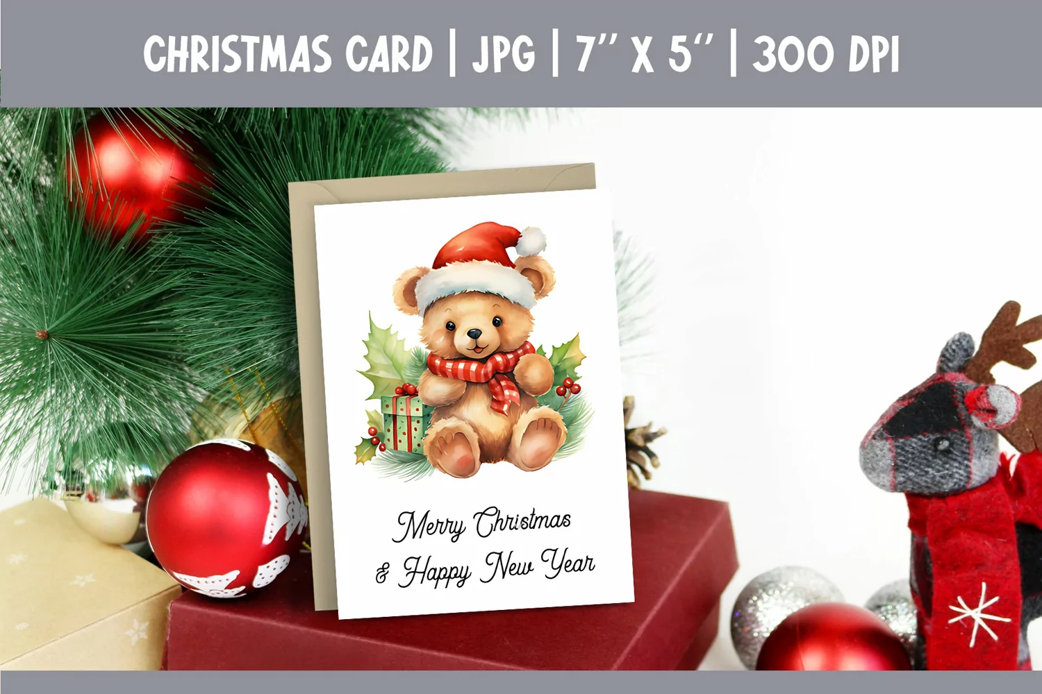 Merry Christmas Card Printable | Watercolor Teddy Bear PNG product image 1