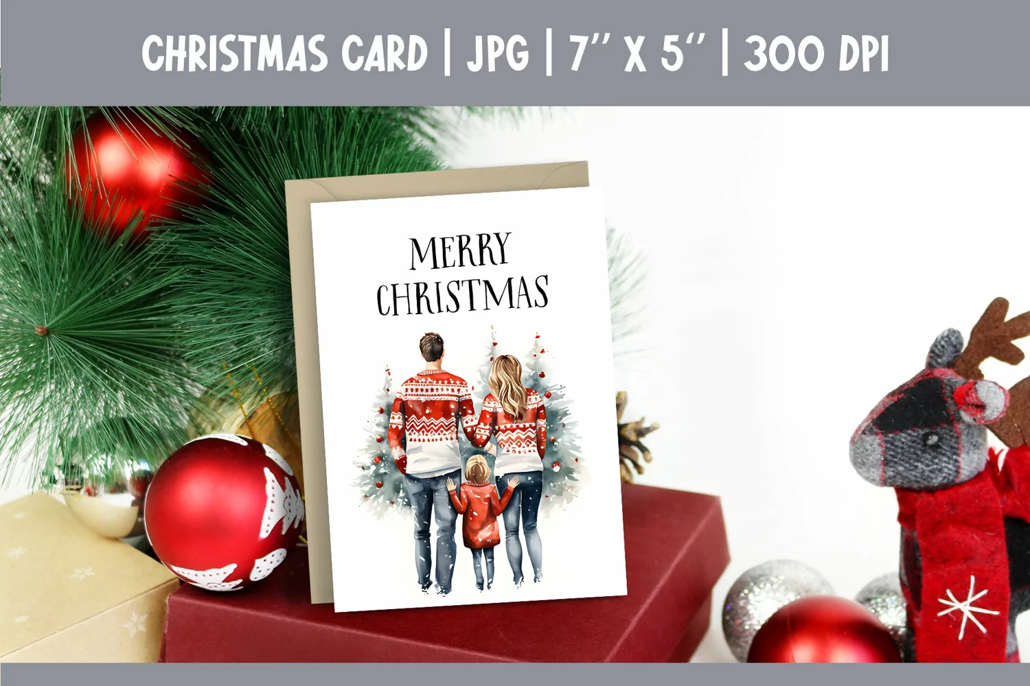 Merry Christmas Card Design Printable | Watercolor Family product image 1