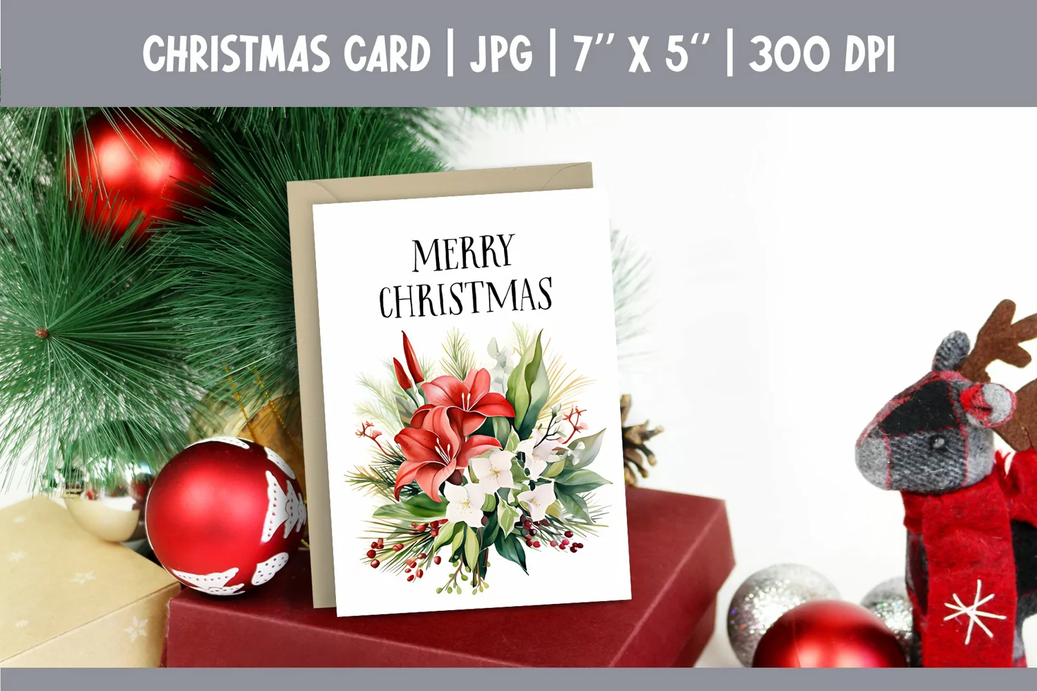 Merry Christmas Card Design Printable | Watercolor Flowers product image 1