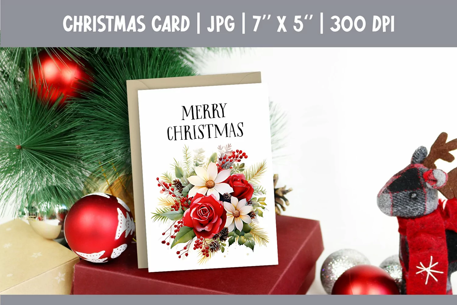 Merry Christmas Card Design Printable | Watercolor Flowers product image 1