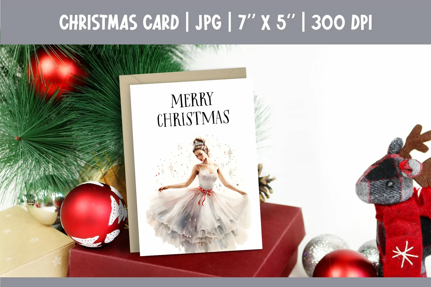 Merry Christmas Card Design Printable | Watercolor Ballerina product image 1