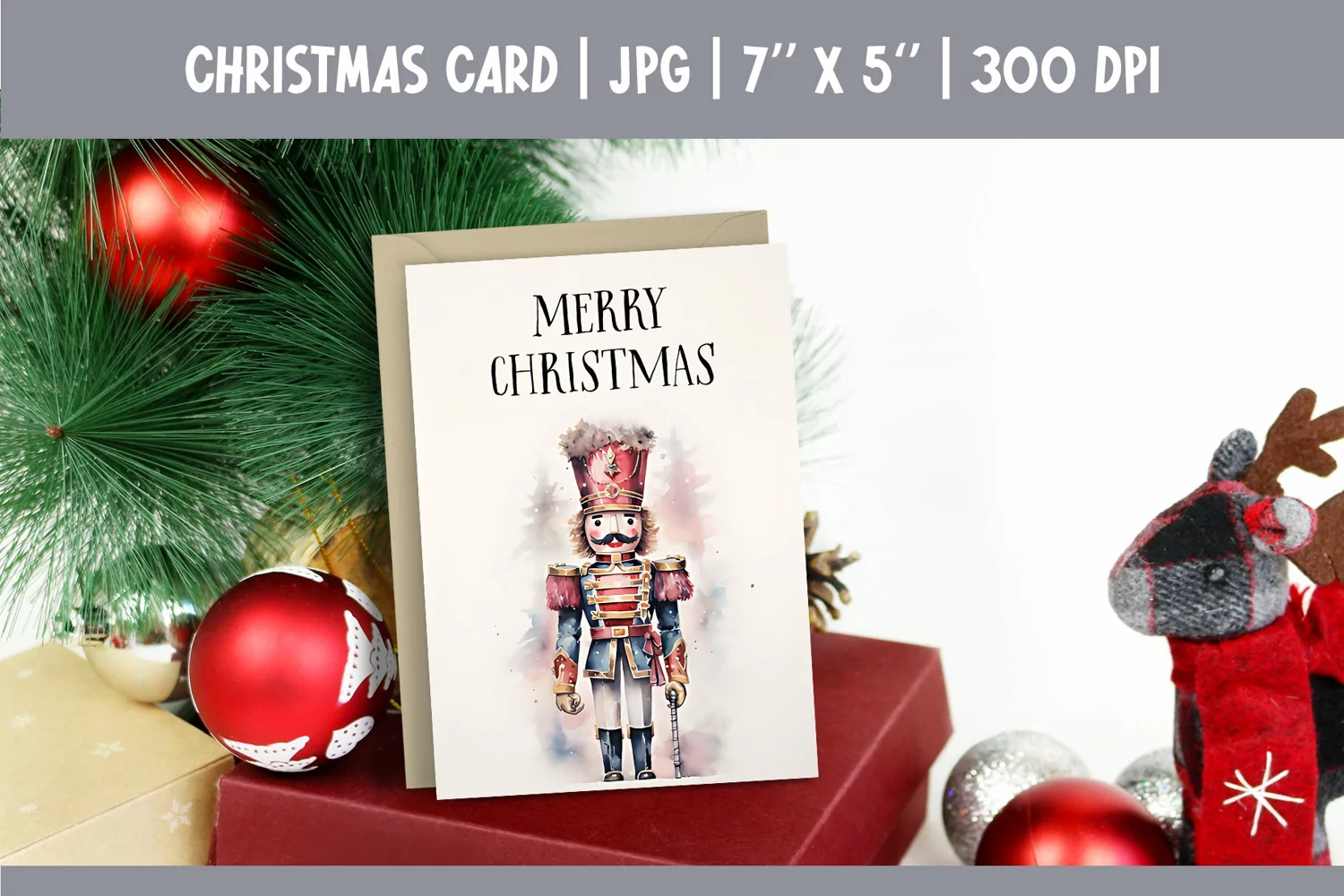 Merry Christmas Card Design Printable Watercolor Nutcracker product image 1