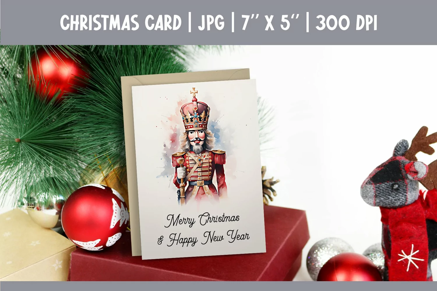 Merry Christmas Card Design Printable Watercolor Nutcracker product image 1