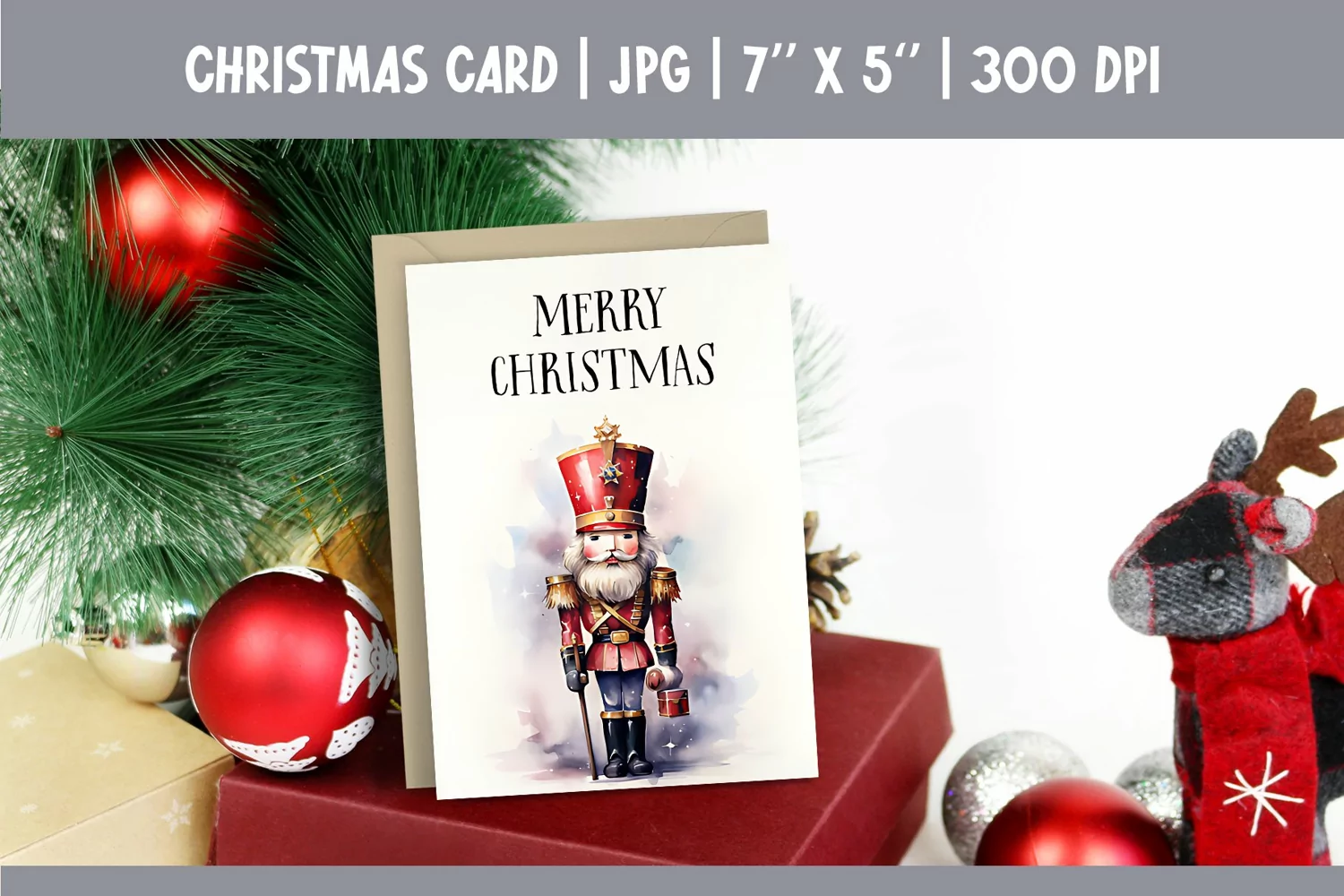 Merry Christmas Card Design Printable Watercolor Nutcracker product image 1