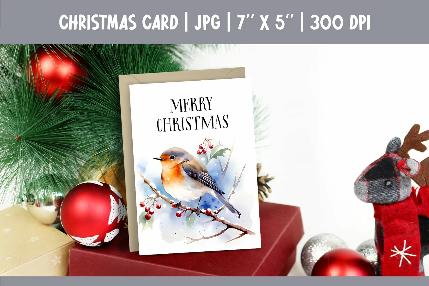 Merry Christmas Card Design Printable | Watercolor Bird PNG product image 1