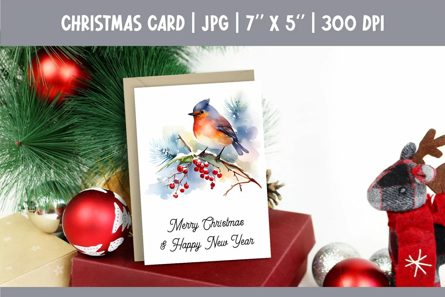 Merry Christmas Card Design Printable | Watercolor Bird PNG product image 1