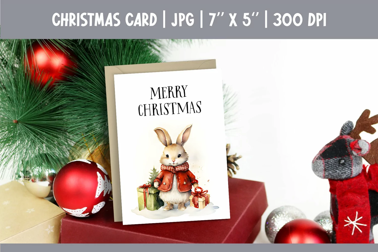Merry Christmas Card Design Printable | Watercolor Rabbit product image 1