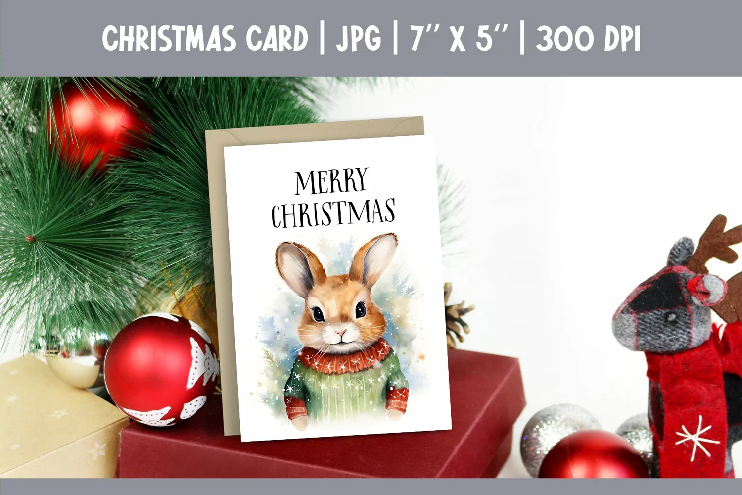 Merry Christmas Card Design Printable | Watercolor Rabbit product image 1