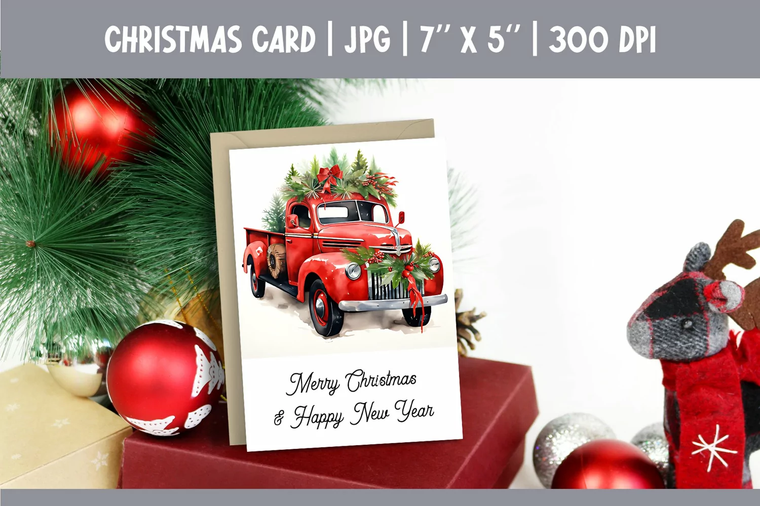 Merry Christmas Card Design Printable | Watercolor Red Truck product image 1