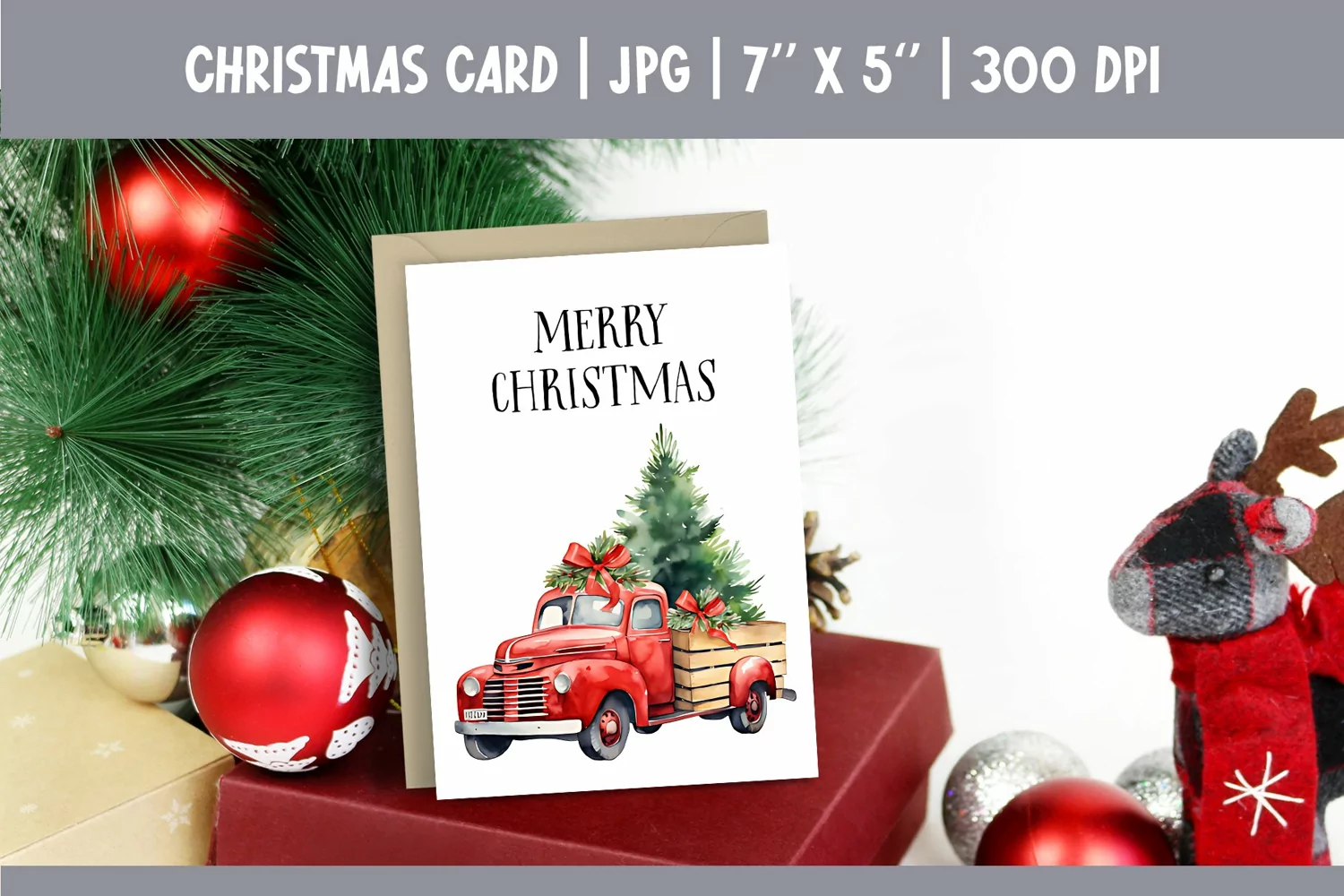 Merry Christmas Card Design Printable | Watercolor Red Truck product image 1