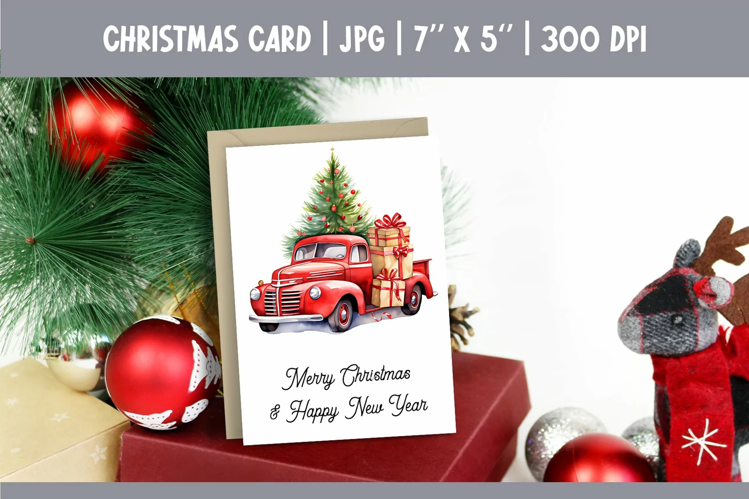 Merry Christmas Card Design Printable | Watercolor Red Truck product image 1