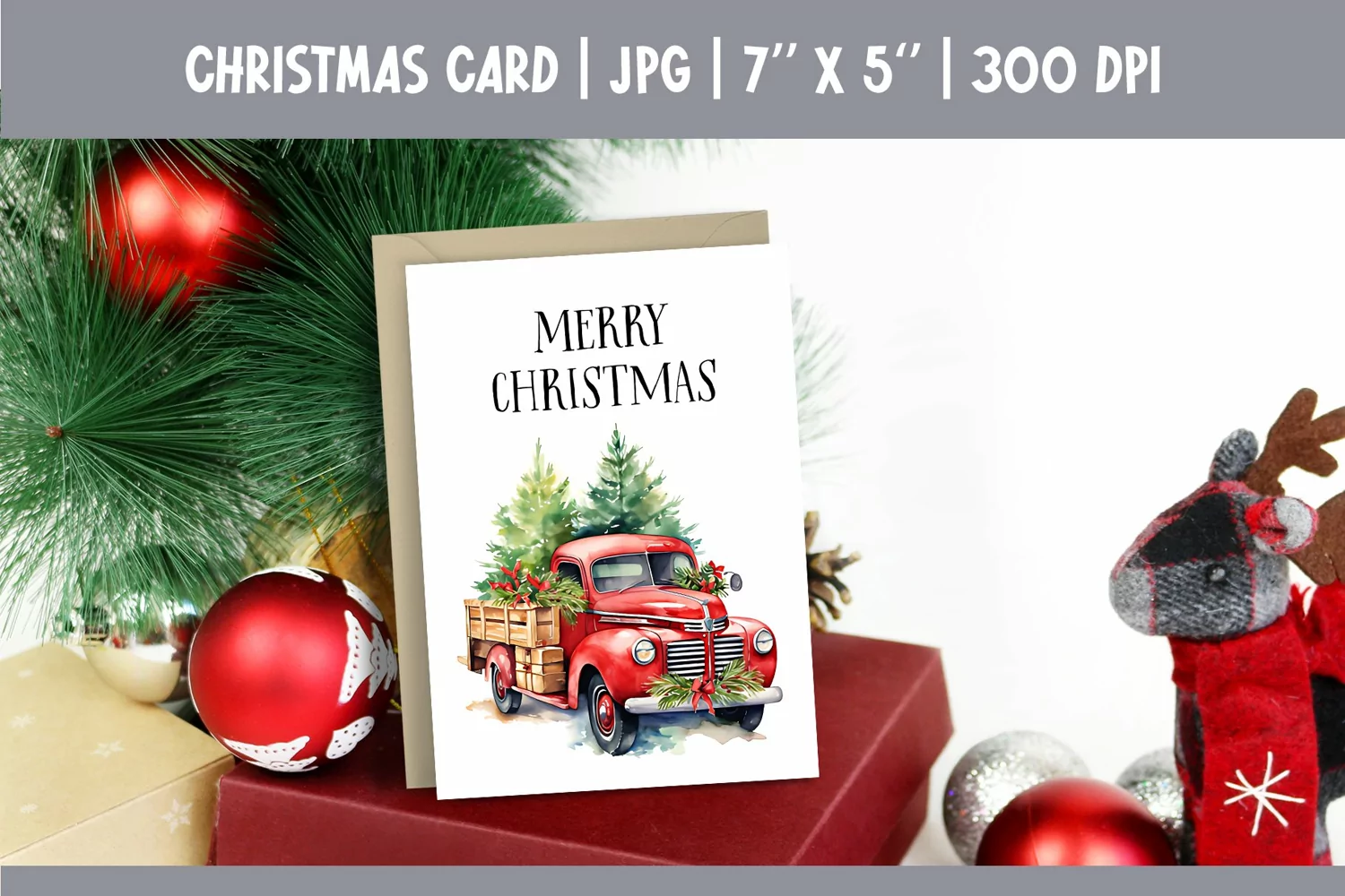 Merry Christmas Card Design Printable | Watercolor Red Truck product image 1