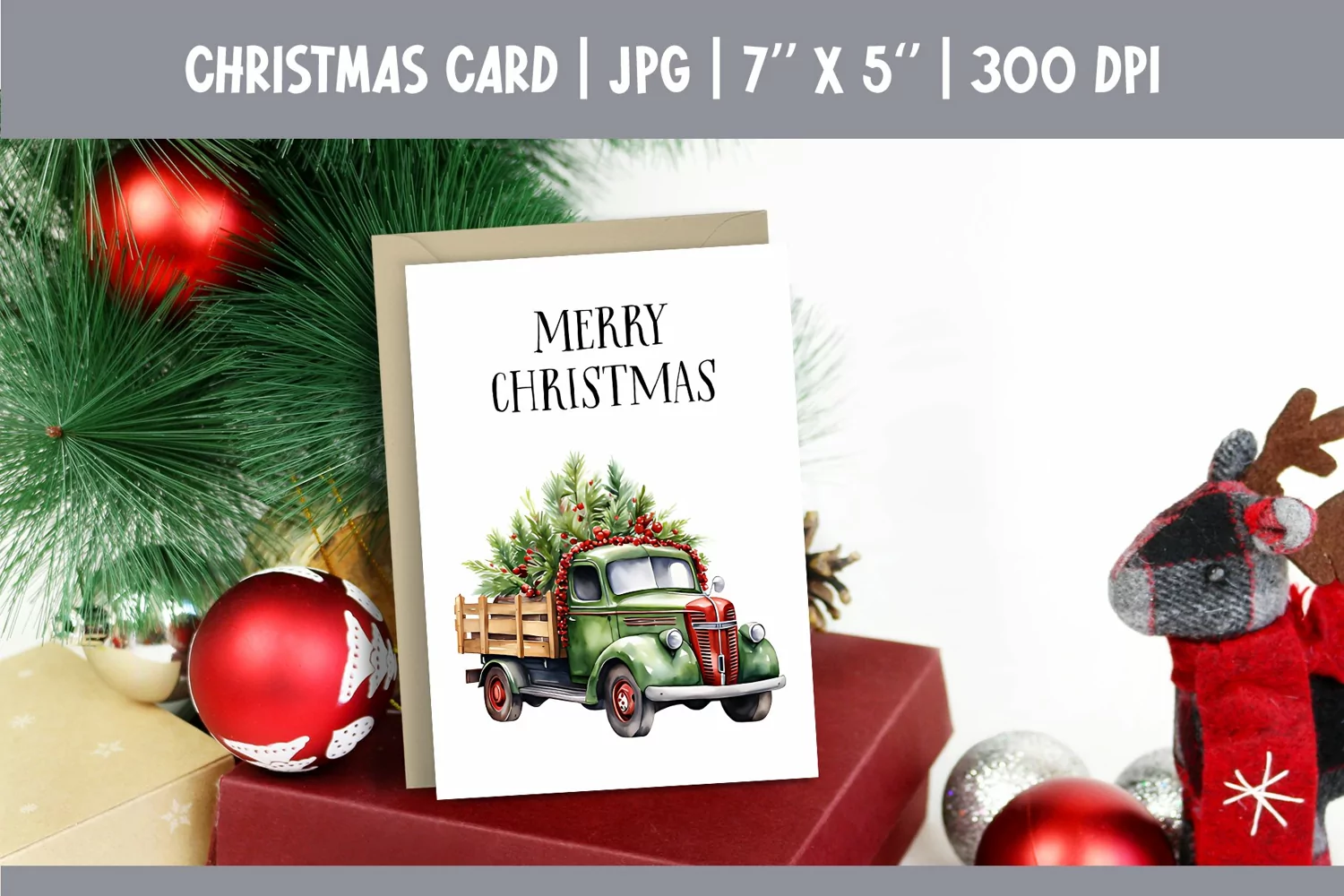 Merry Christmas Card Design Printable | Watercolor Red Truck product image 1