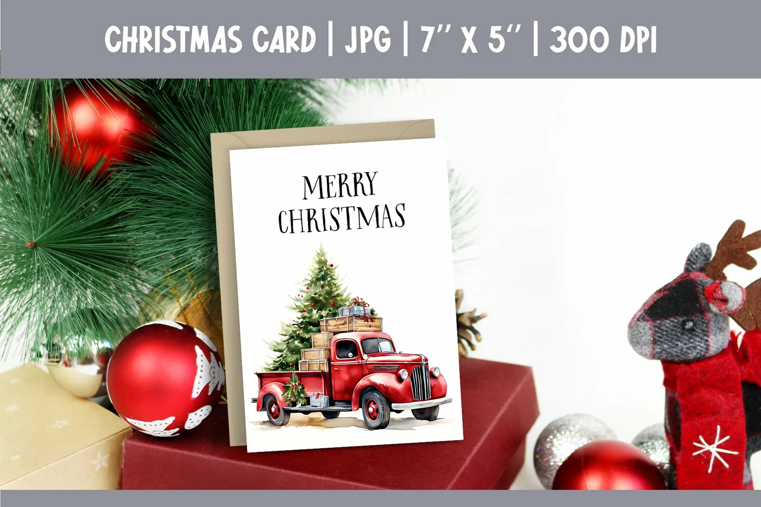 Merry Christmas Card Design Printable | Watercolor Red Truck product image 1