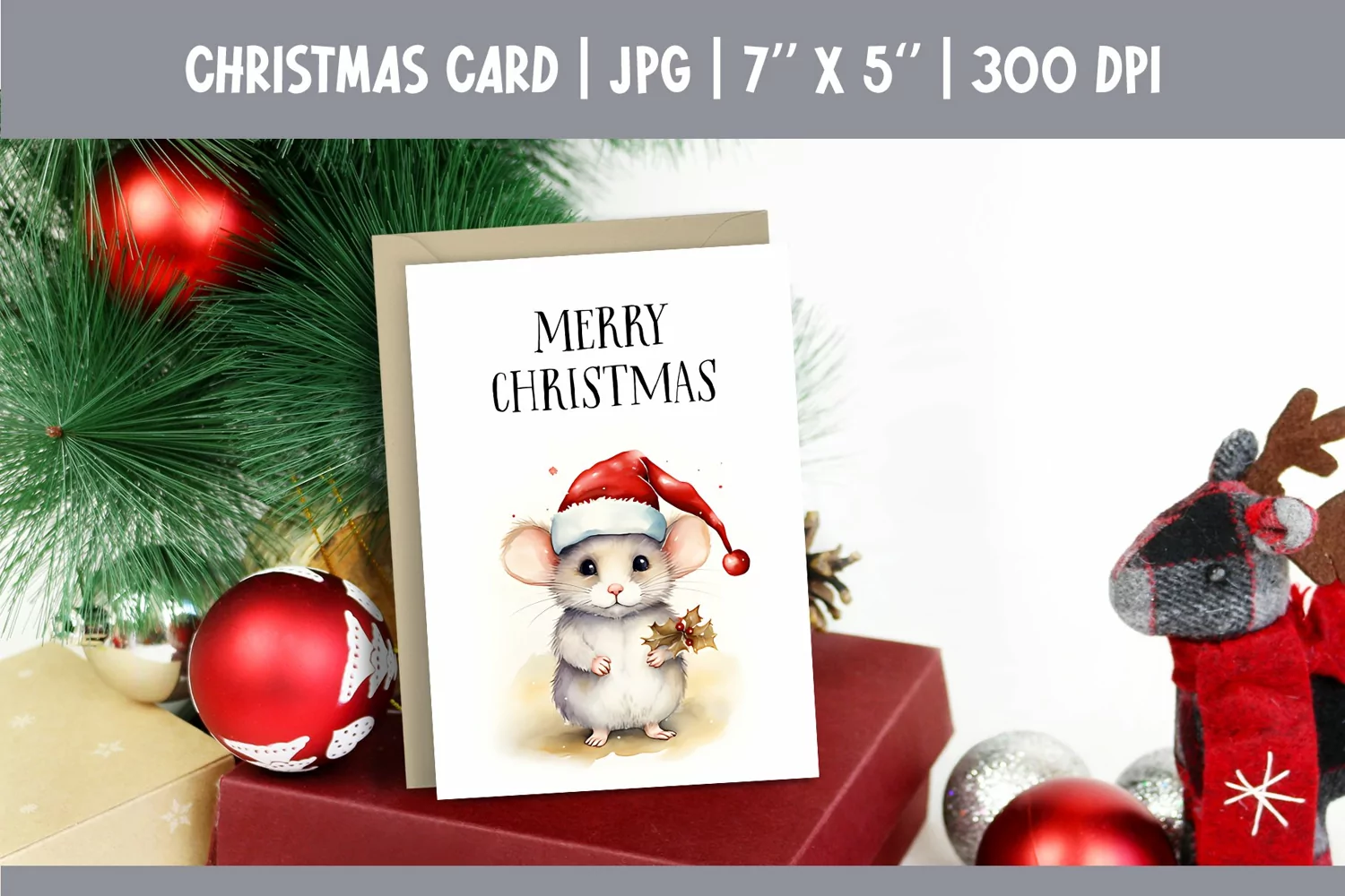 Merry Christmas Card Design Printable | Watercolor Mouse PNG product image 1