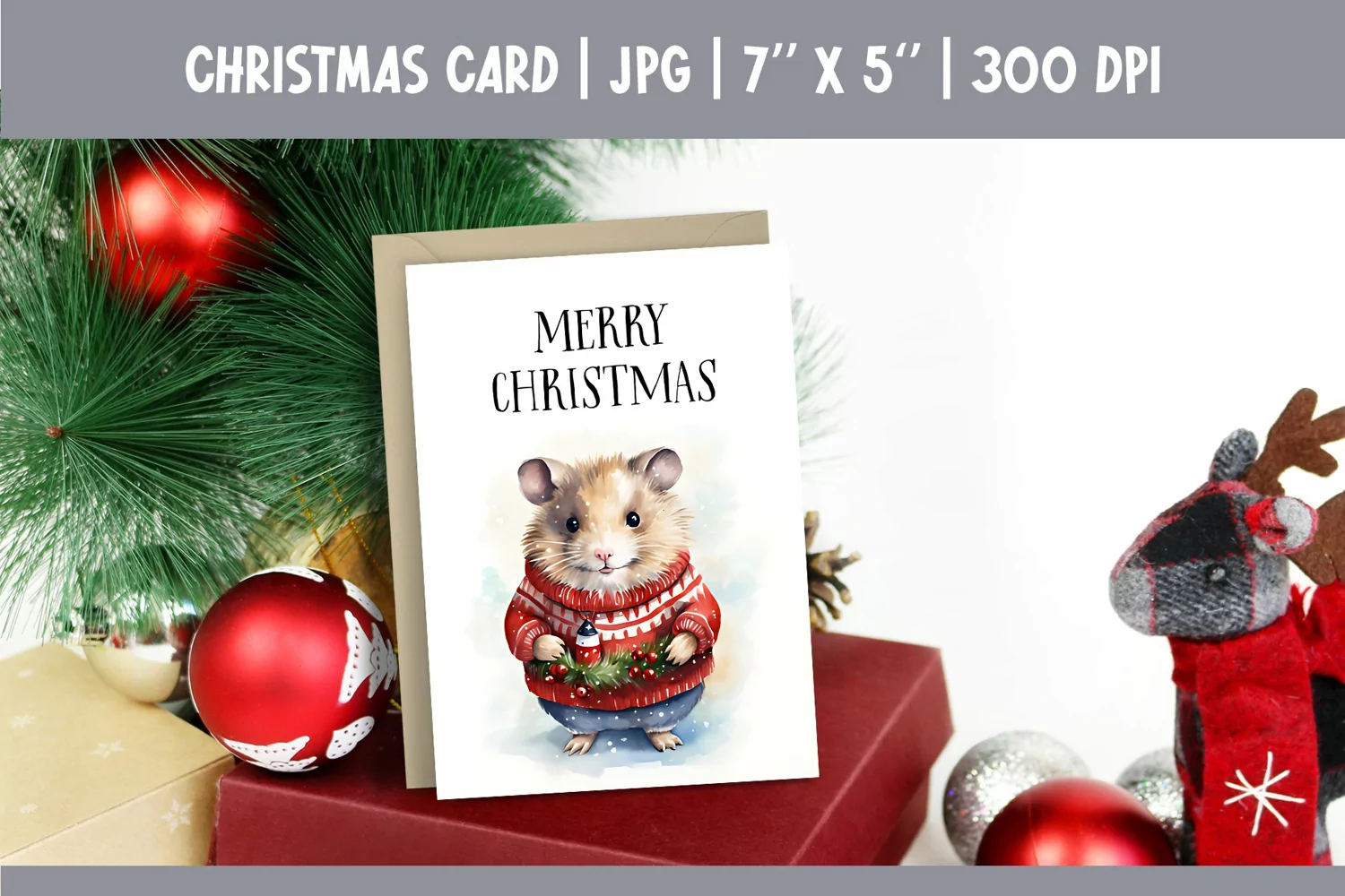 Merry Christmas Card Design Printable | Watercolor Hamster product image 1