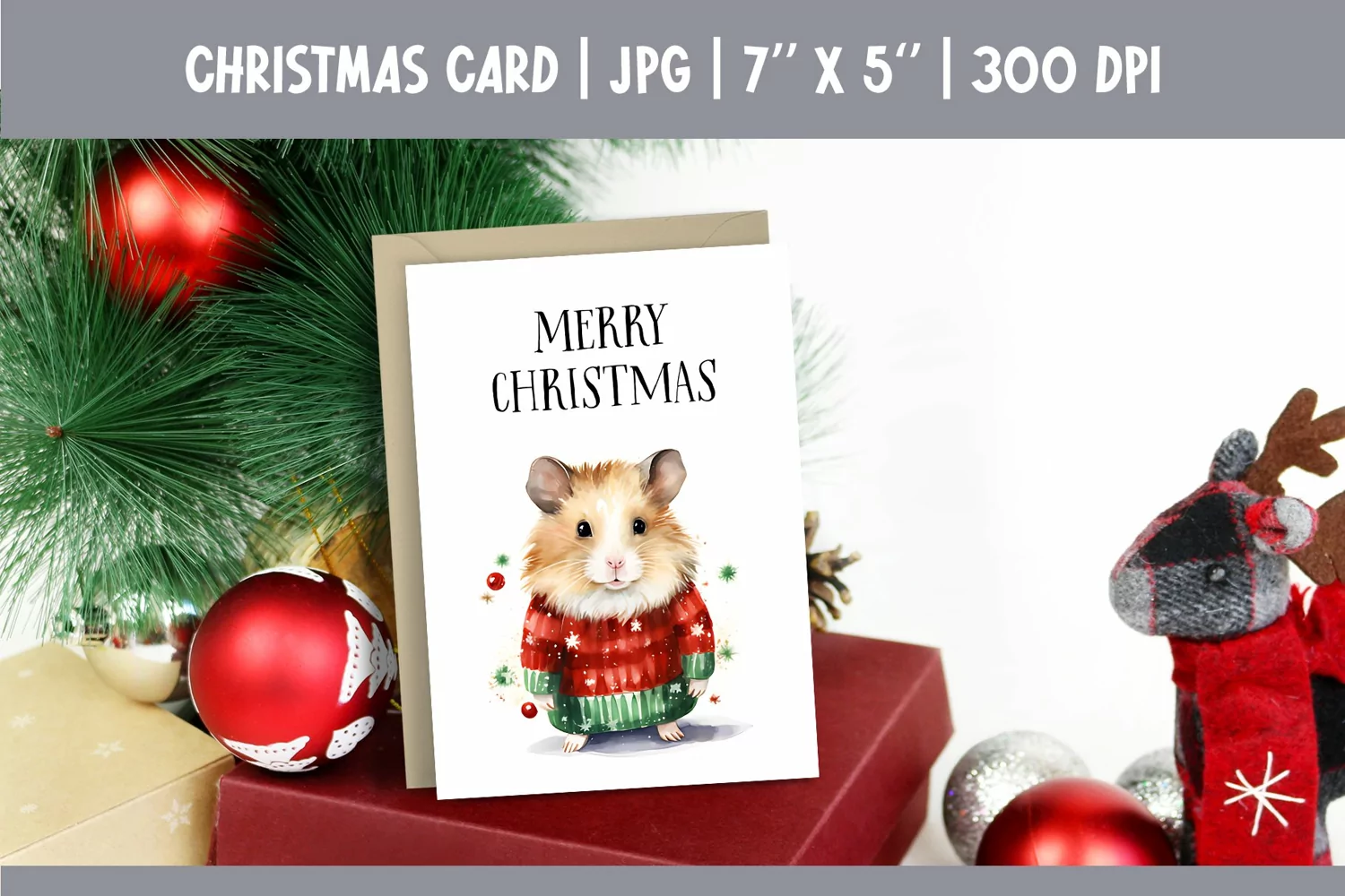 Merry Christmas Card Design Printable | Watercolor Hamster product image 1